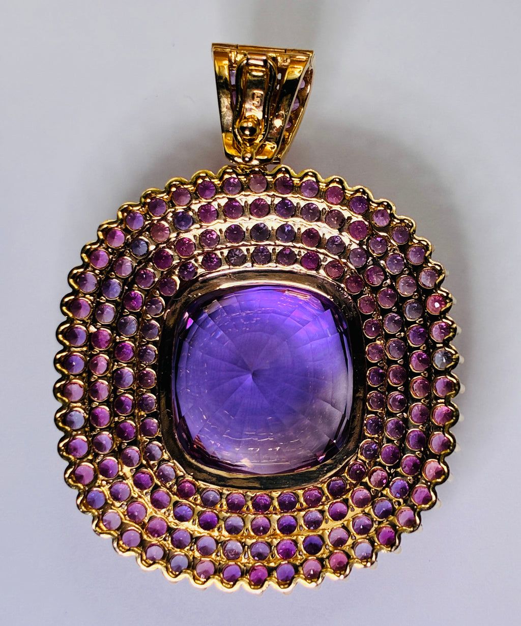 36.60CT Amethyst Mix With Multi Color Sapphire 12K Gold Pendant.