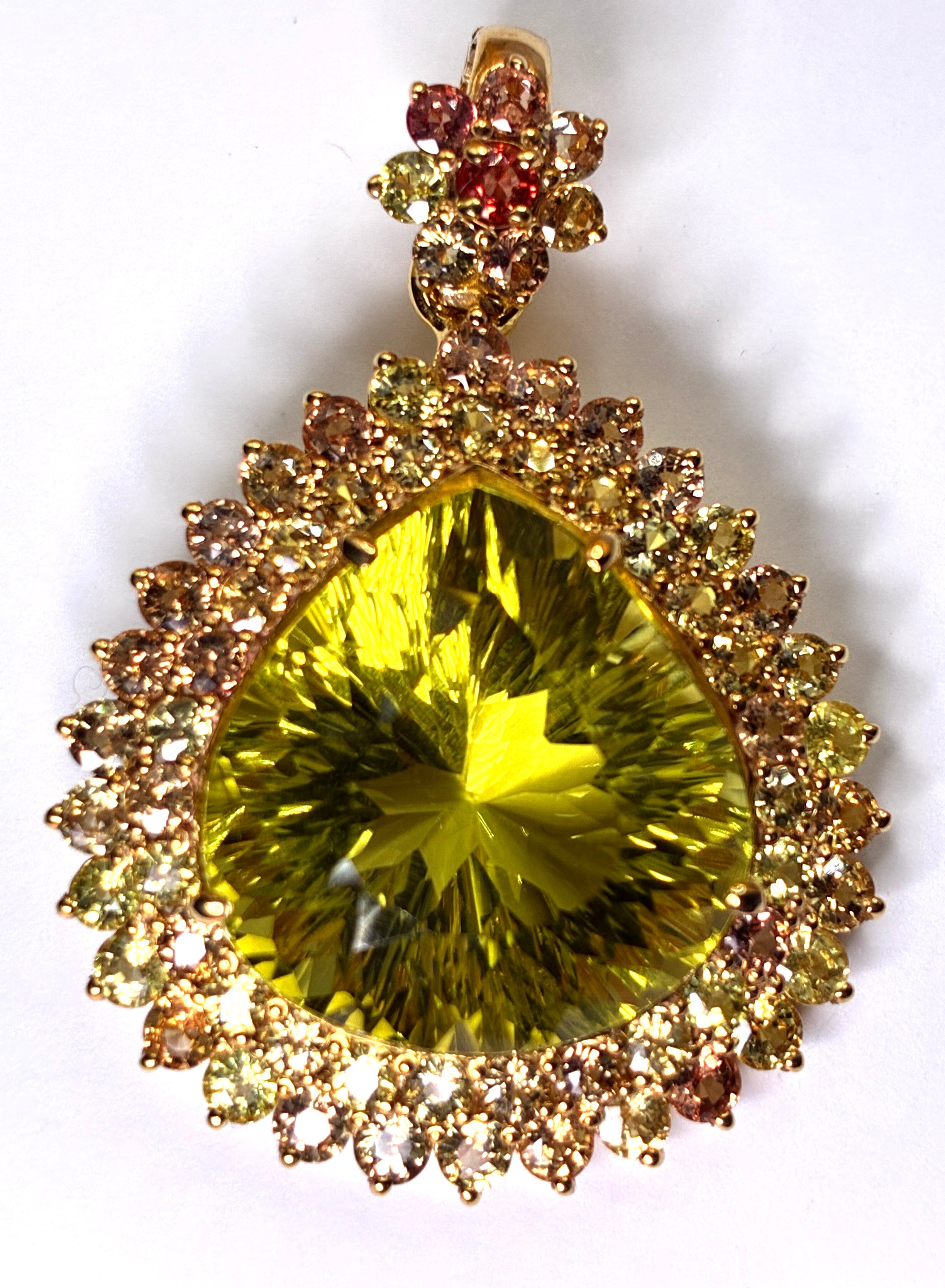 27.65CT Natural Citrine And Yellow Sapphire 12K Gold Pendant. Size 1 1/4"x1 3/4"