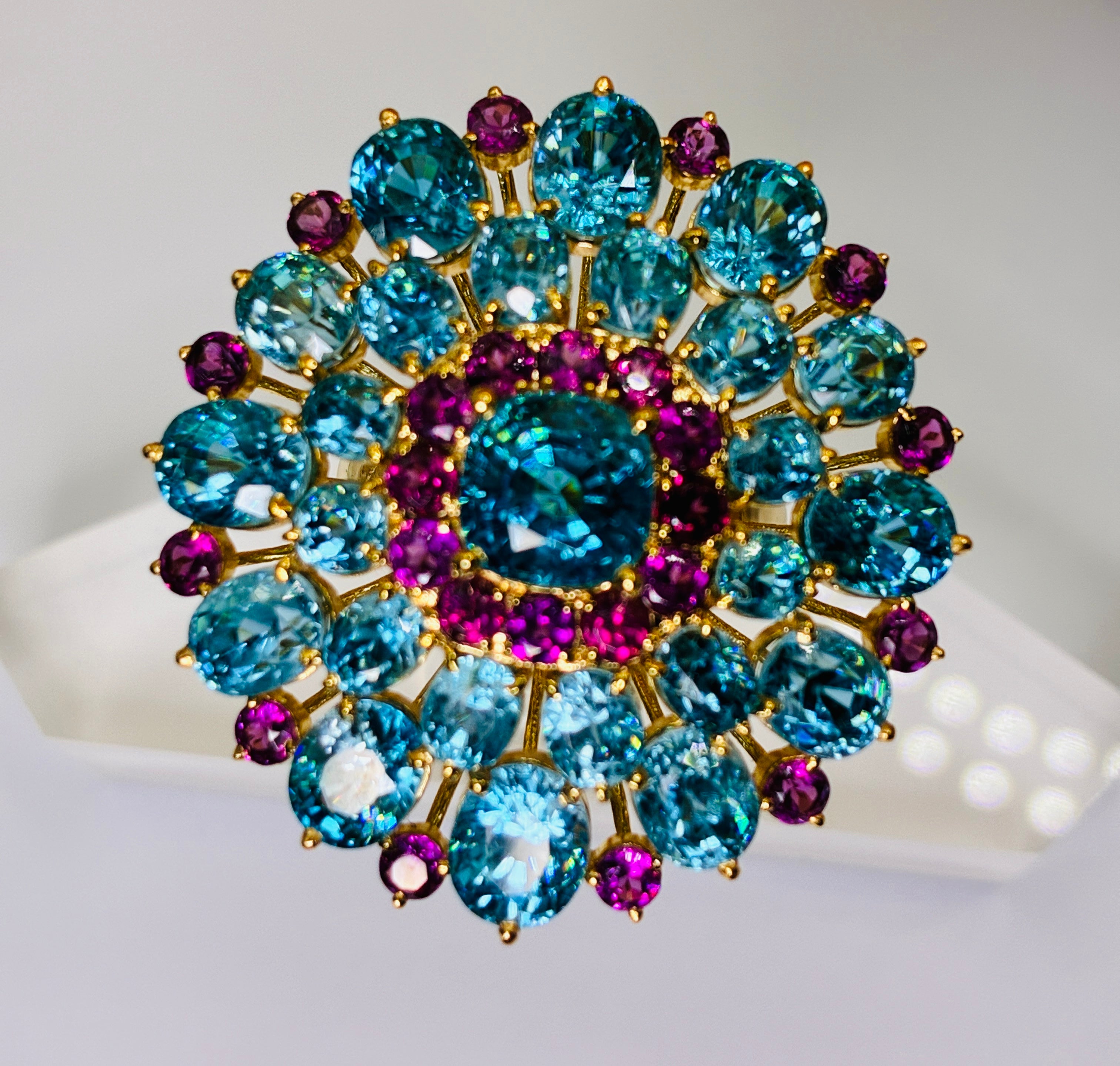 Center Gemstone 2.20 CT Cambodia Blue Zircon Mix With Purple/Pink Garnet Ring Size 6 12K Gold.