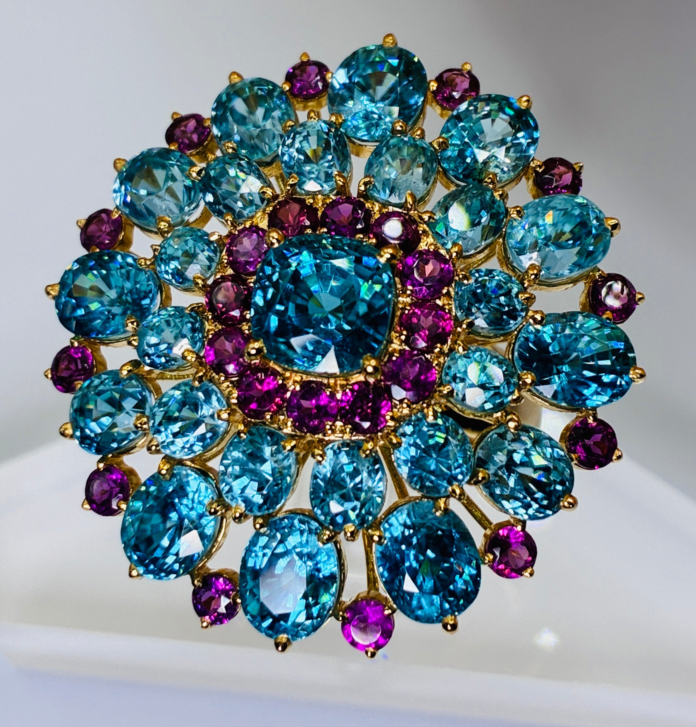 Center Gemstone 2.20 CT Cambodia Blue Zircon Mix With Purple/Pink Garnet Ring Size 6 12K Gold.