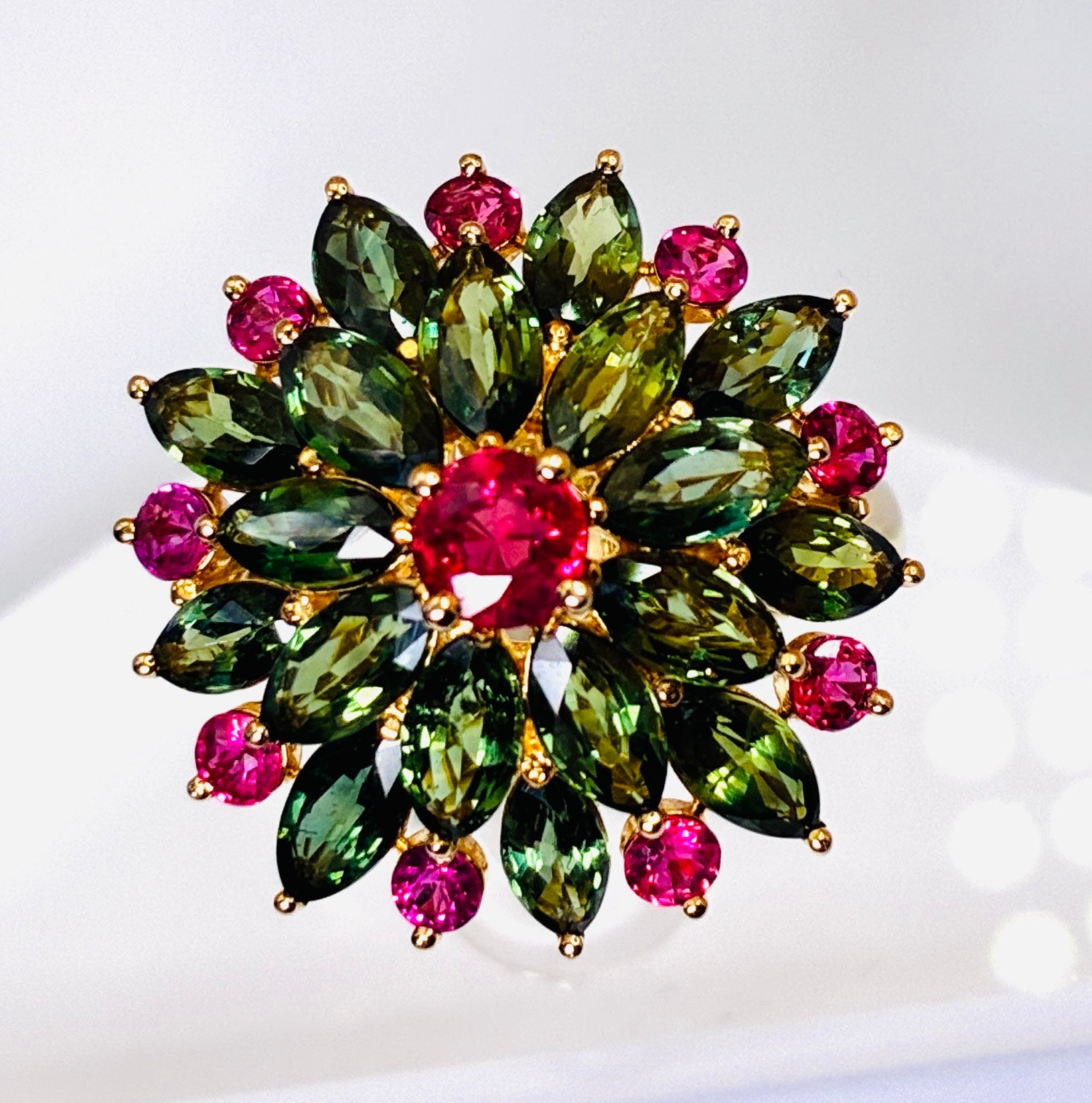 Pink/Red Ruby And Green Sapphire Ring Size 5.5 17K Gold.