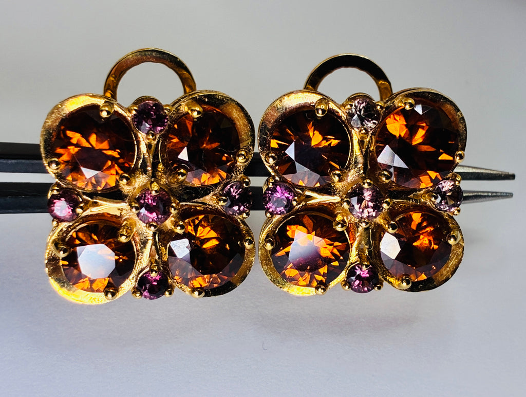 Cambodia Honey Color Zircon Unheated And Mix Sapphire 12K Gold Earring.