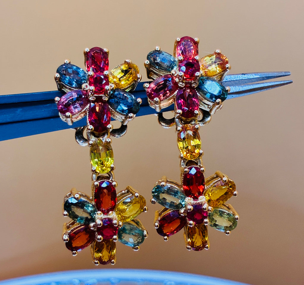 Multi Gemstone Ruby And Mix Color Sapphire Drop Earring 17K Gold  ( Link 1.1/4"x .5")