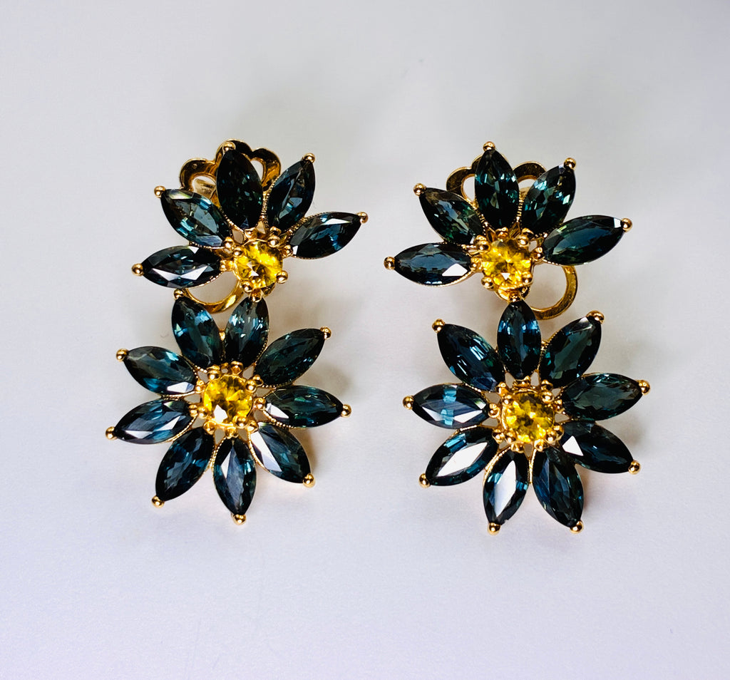 Green/Blue Sapphire And Yellow Sapphire Drop Earring 17K Gold ( Size 1.1/4"x .3/4")