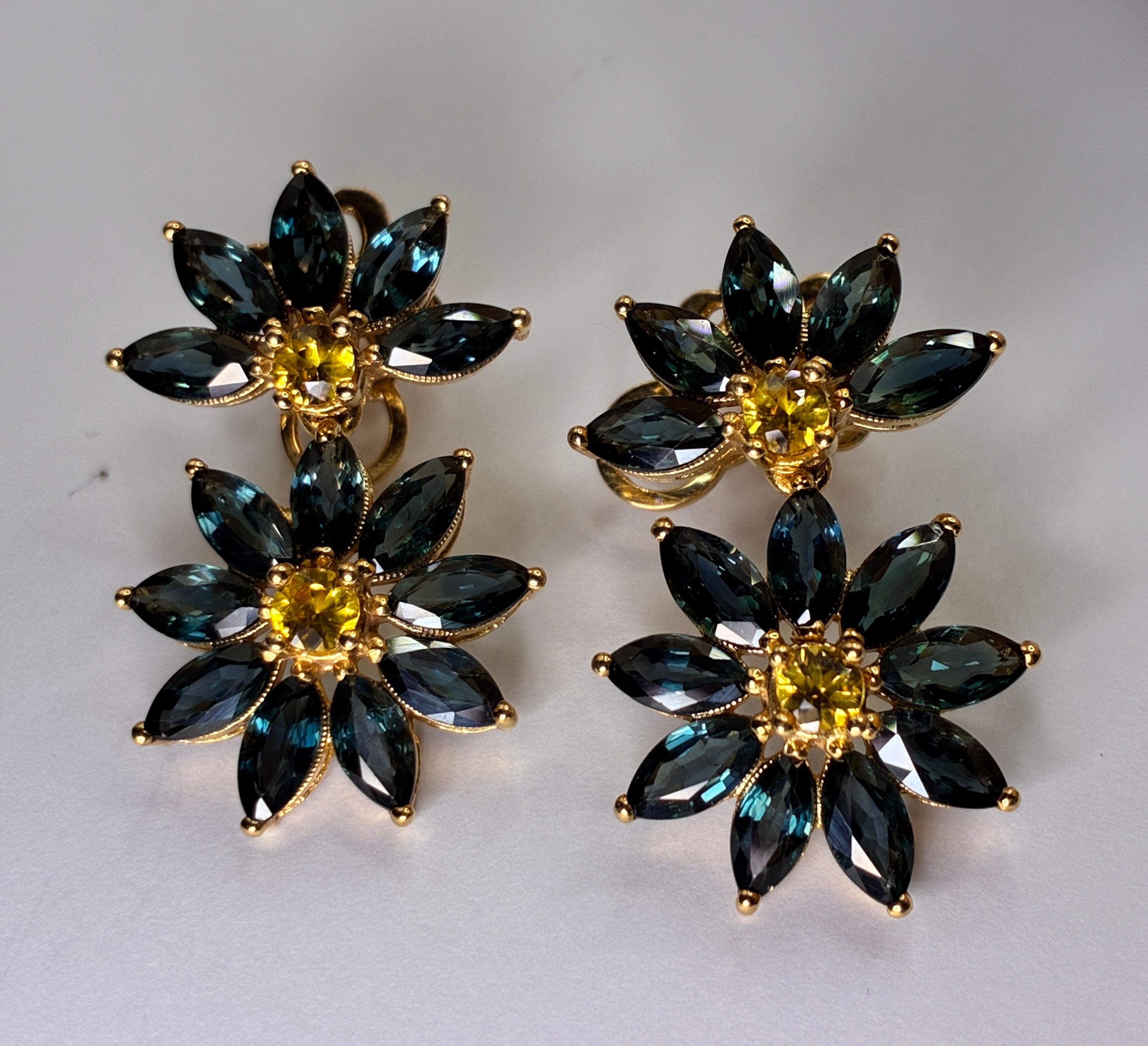Green/Blue Sapphire And Yellow Sapphire Drop Earring 17K Gold ( Size 1.1/4"x .3/4")