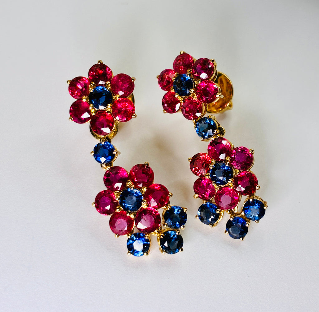 Pinkish-Red Ruby And Deep Blue Sapphire Drop Earring 12K Gold ( Size 1.1/4"x .5")