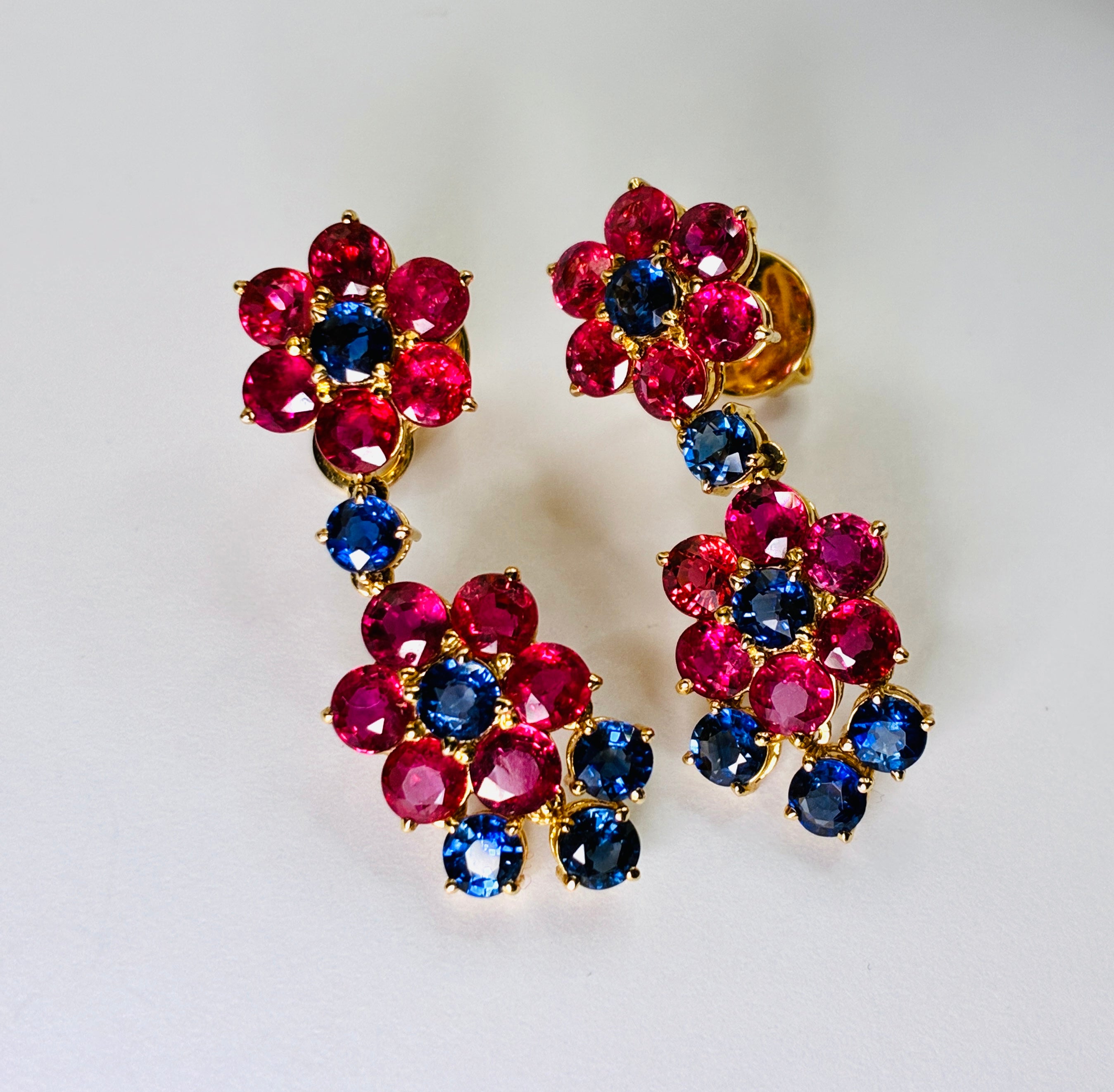 Pinkish-Red Ruby And Deep Blue Sapphire Drop Earring 12K Gold ( Size 1.1/4"x .5")