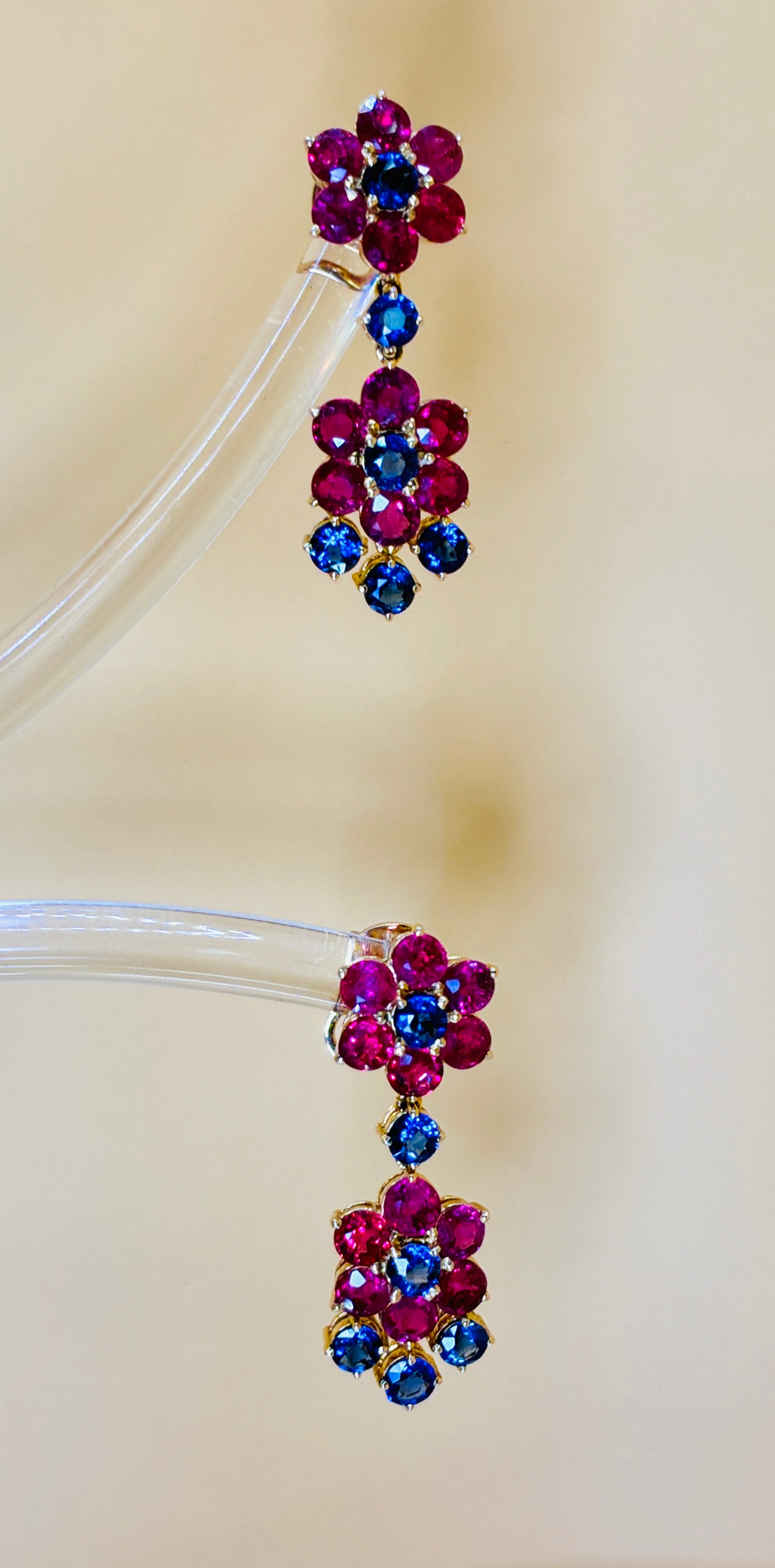 Pinkish-Red Ruby And Deep Blue Sapphire Drop Earring 12K Gold ( Size 1.1/4"x .5")