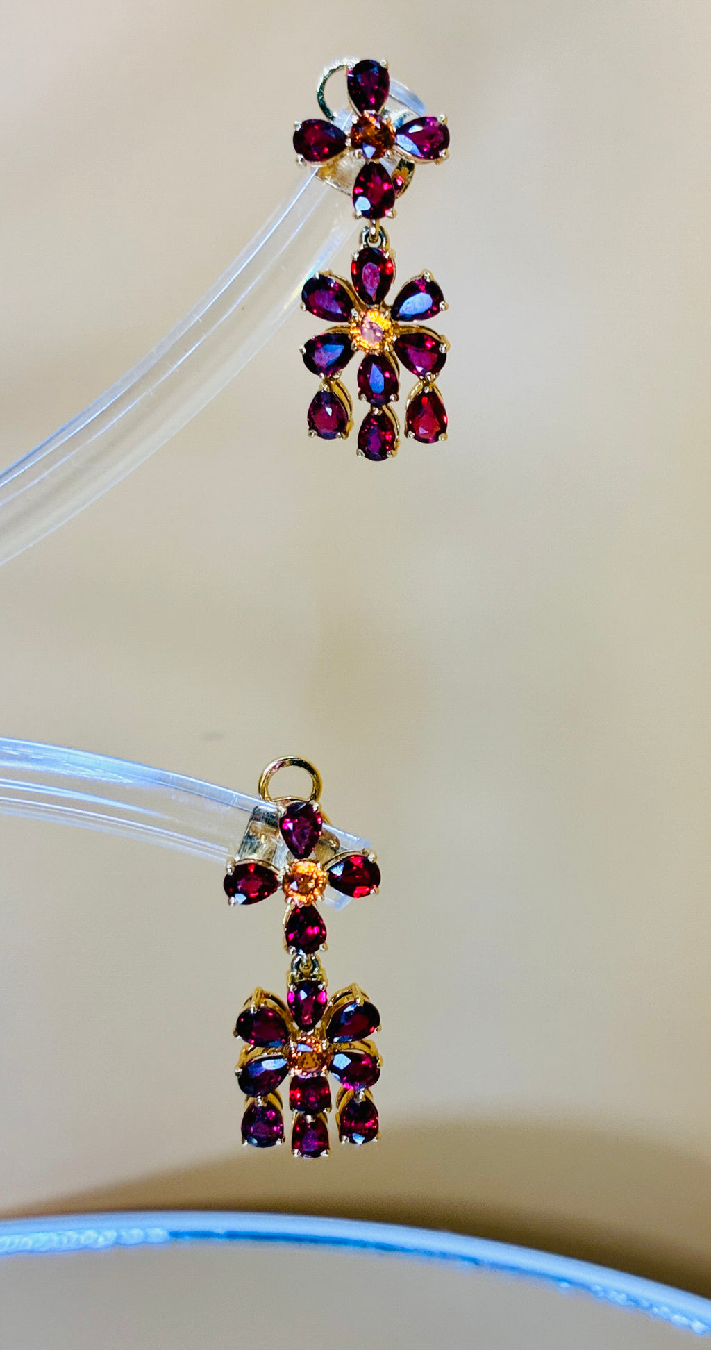 Deep Red Color Ruby And Yellow Sapphire Drop Earring Size 17K Gold  ( 1"x.5" )