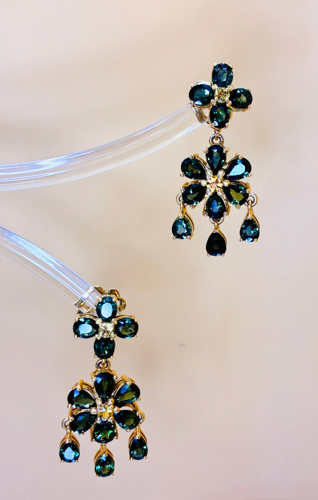 Leaf Green Color Sapphire Drop Earring 17K Gold ( Size 1.5"x .5")