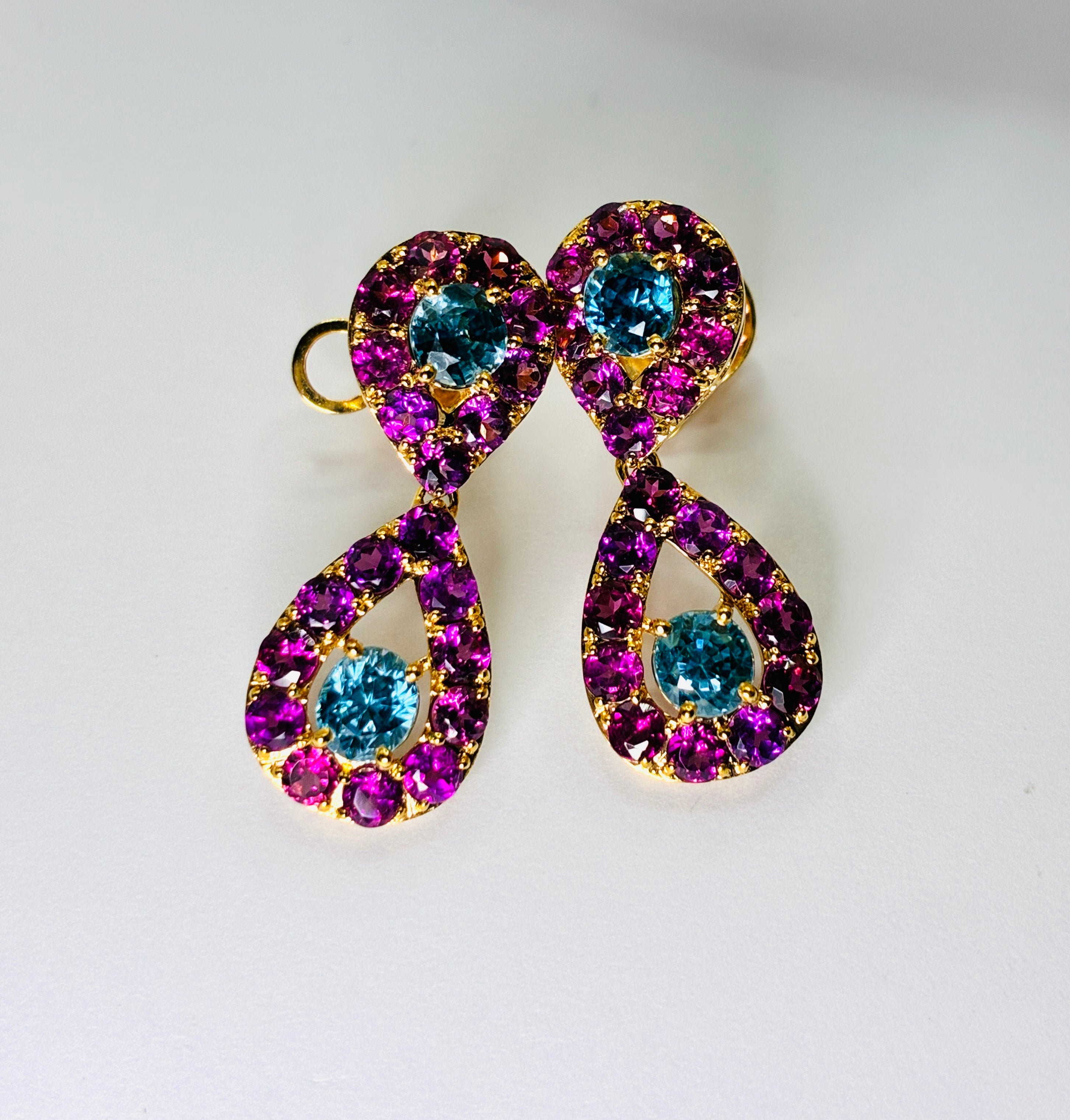 Garnet Mix With Cambodia Blue Zircon Drop Earring 12K Gold