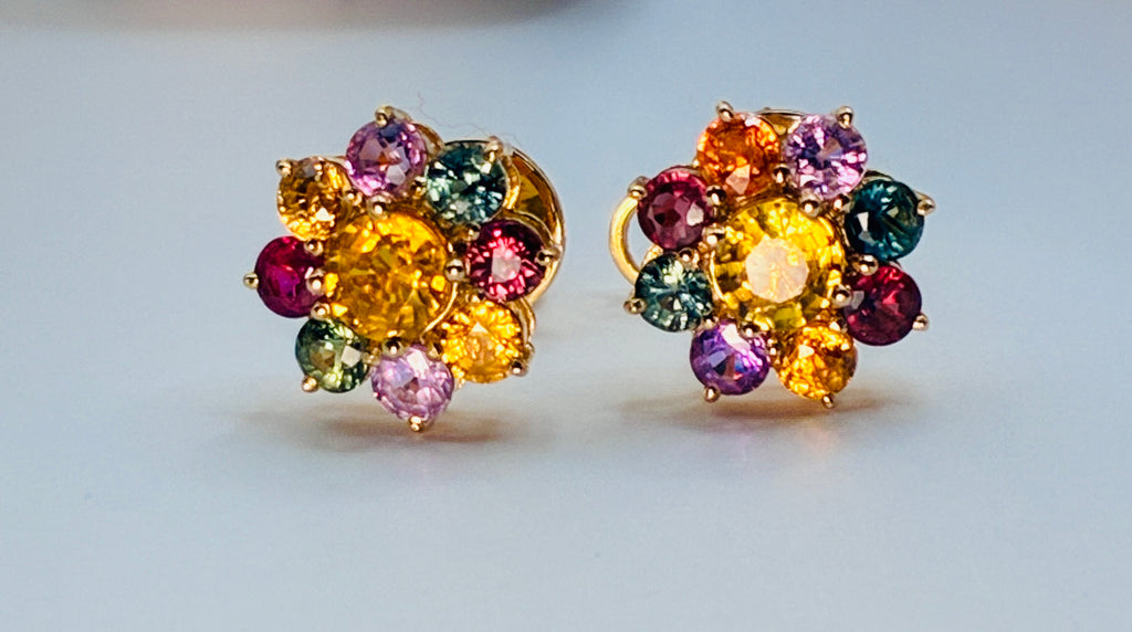 Multi Color Sapphire And Yellow Sapphire Stud Earring 12K Gold.