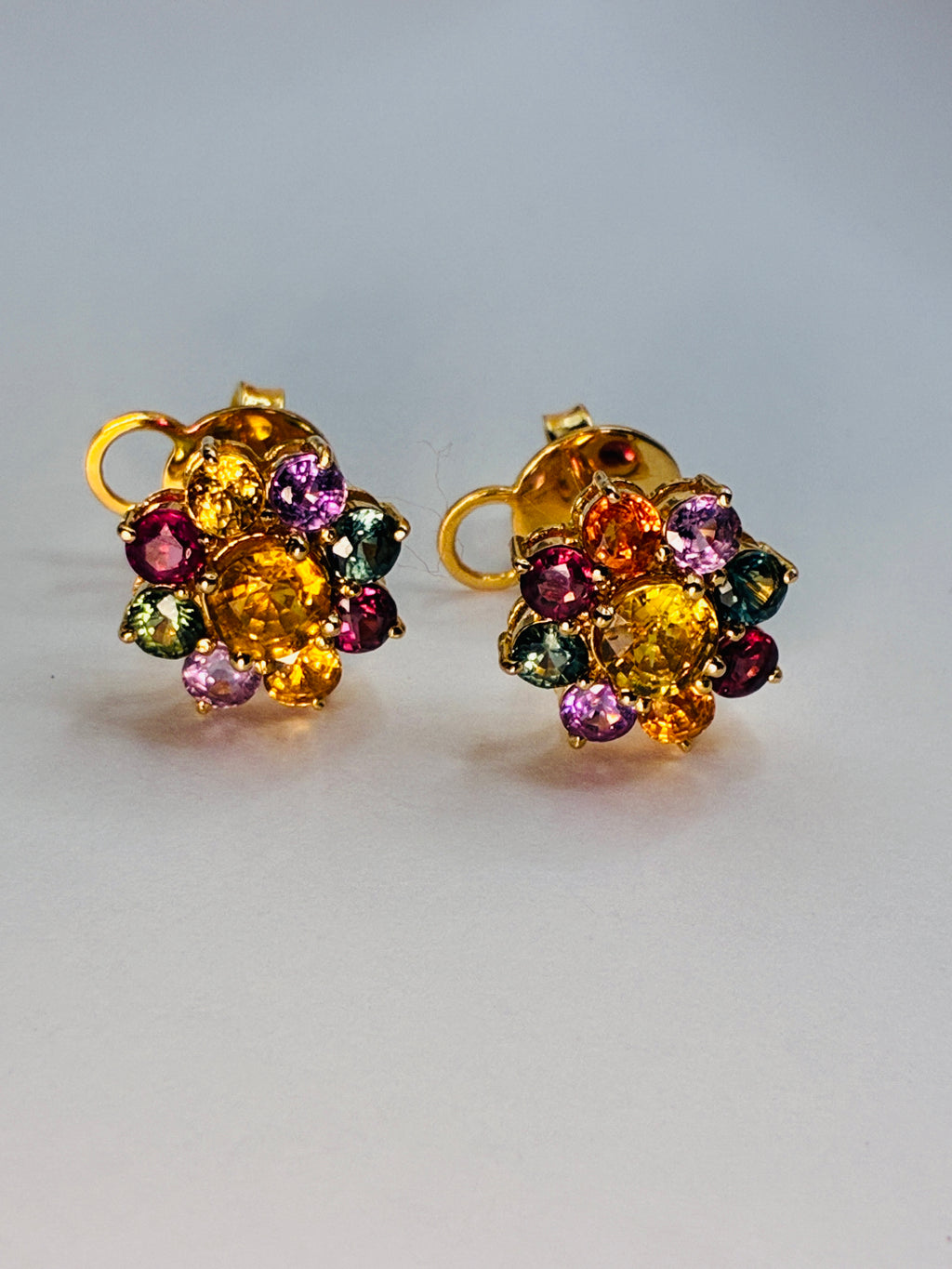 Multi Color Sapphire And Yellow Sapphire Stud Earring 12K Gold.
