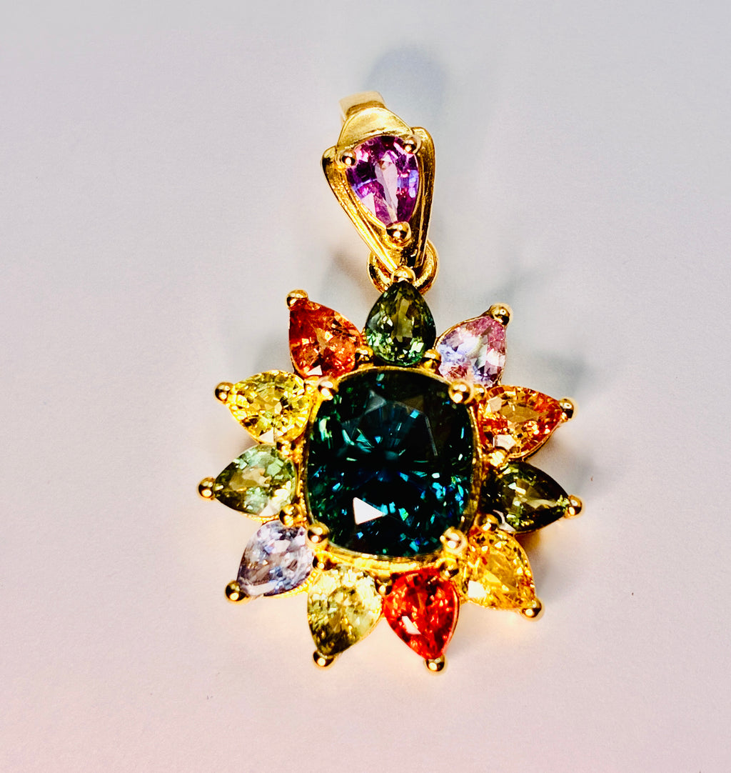 Cambodia Blue zircon Heated Treated Pendant( 17K Gold )(Color Green 10.05 CT) Mix with Multi Color Sapphire.