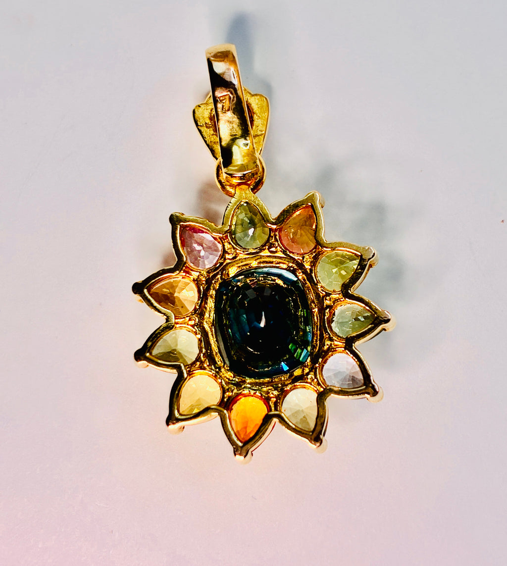 Cambodia Blue zircon Heated Treated Pendant( 17K Gold )(Color Green 10.05 CT) Mix with Multi Color Sapphire.
