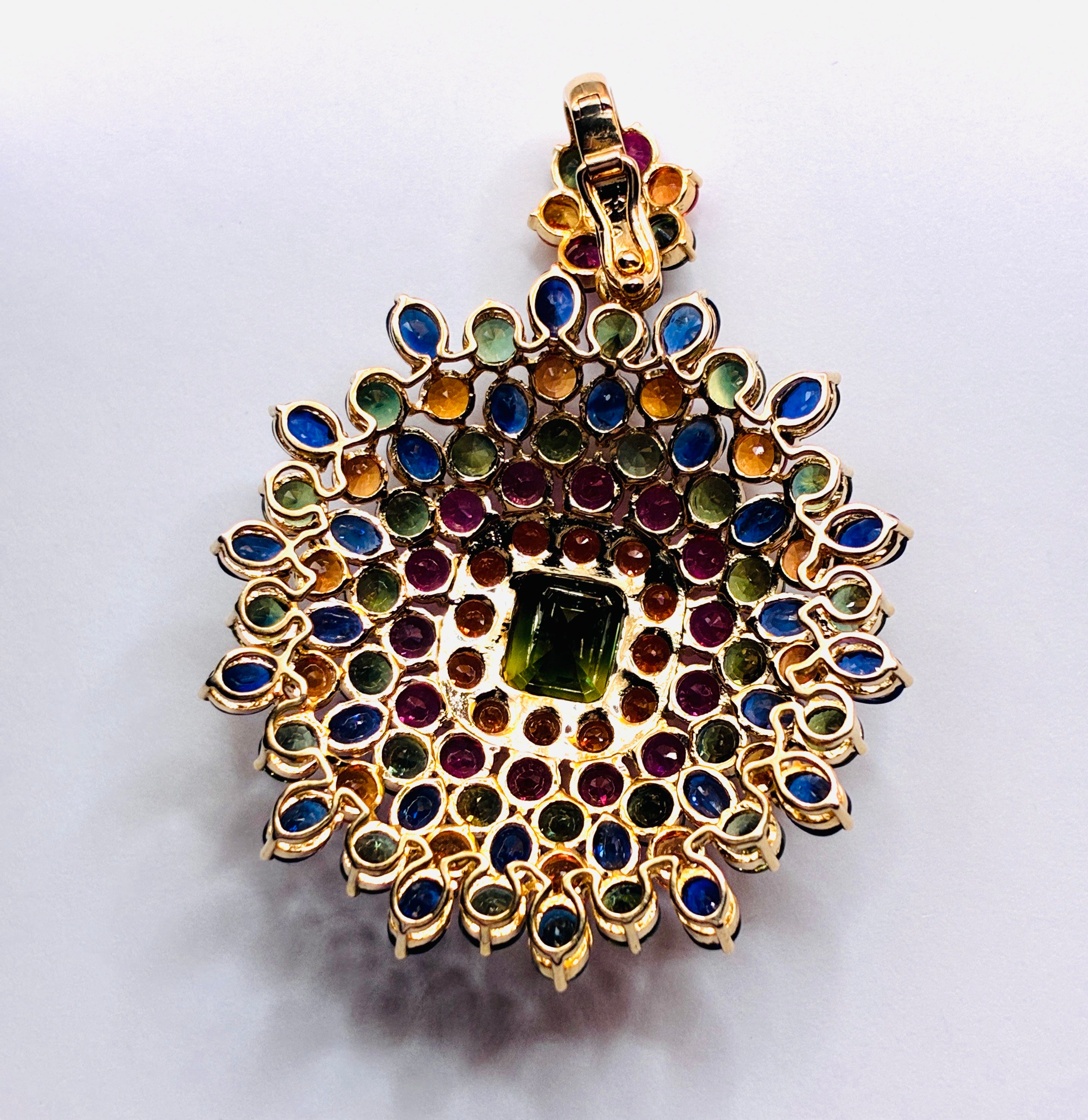 Ruby, Blue Sapphire, Green And Yellow Sapphire Pendant 12K Gold ( Center Stone 3.55 ct ) Size (2"x 1.5")