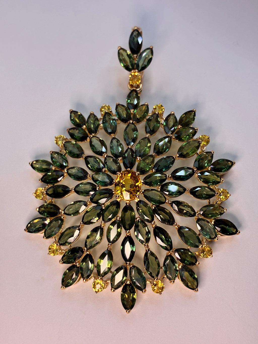 Green And Yellow Sapphire Pendant 12K Gold Size ( 2.3/4"x 2 ) Center Stone ( 1,19 CT )