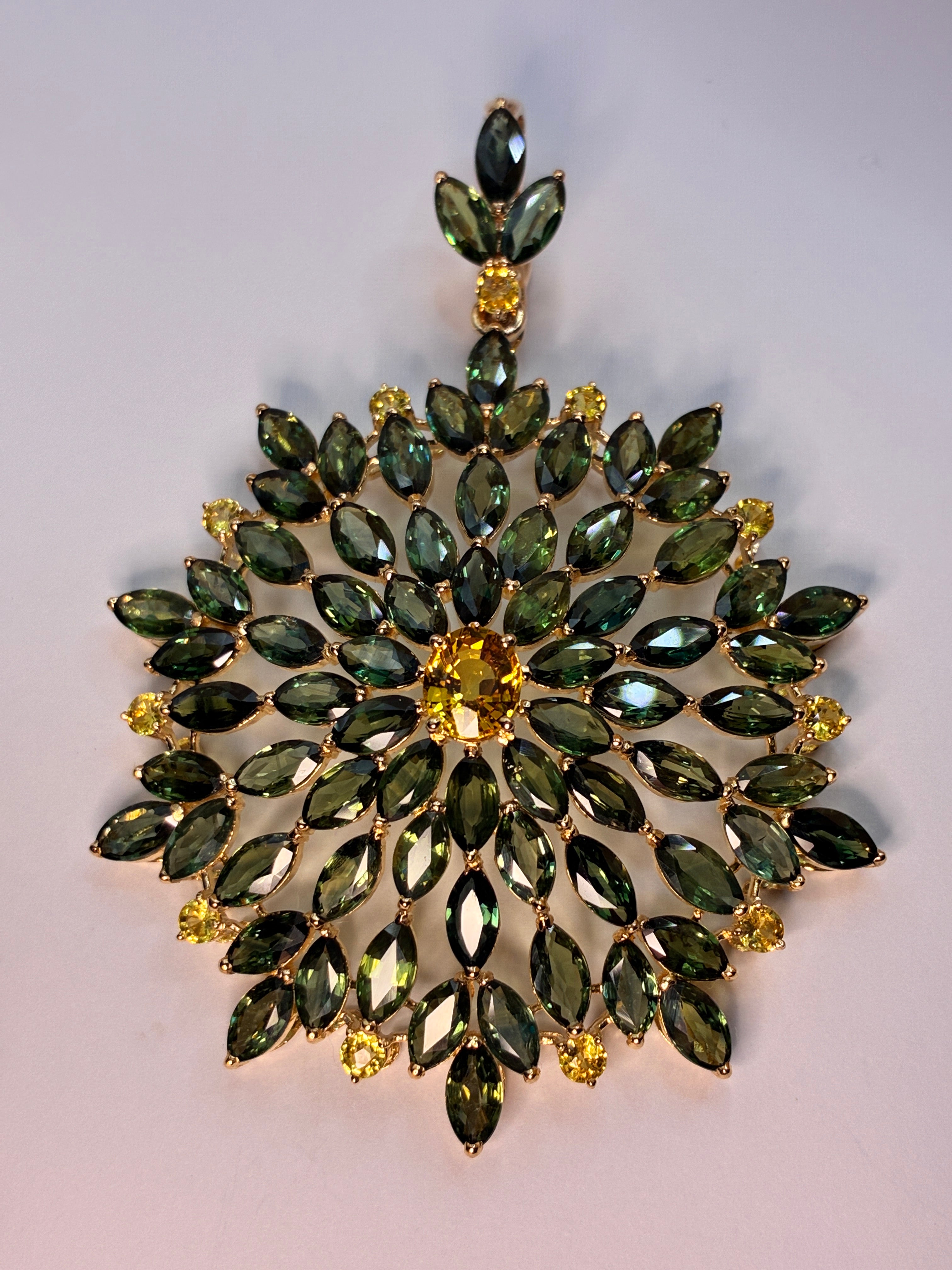 Green And Yellow Sapphire Pendant 12K Gold Size ( 2.3/4"x 2 ) Center Stone ( 1,19 CT )