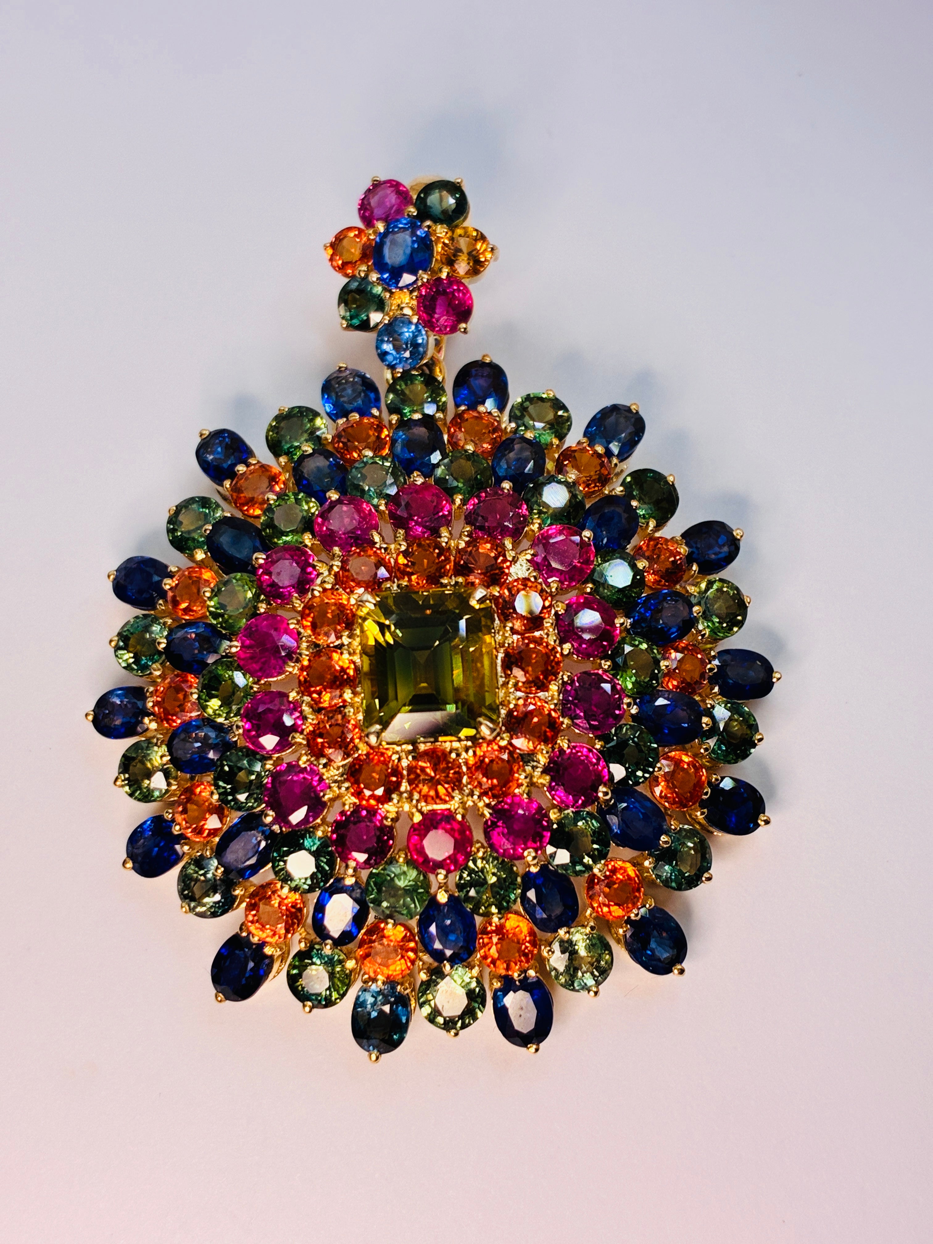 Ruby, Blue Sapphire, Green And Yellow Sapphire Pendant 12K Gold ( Center Stone 3.55 ct ) Size (2"x 1.5")