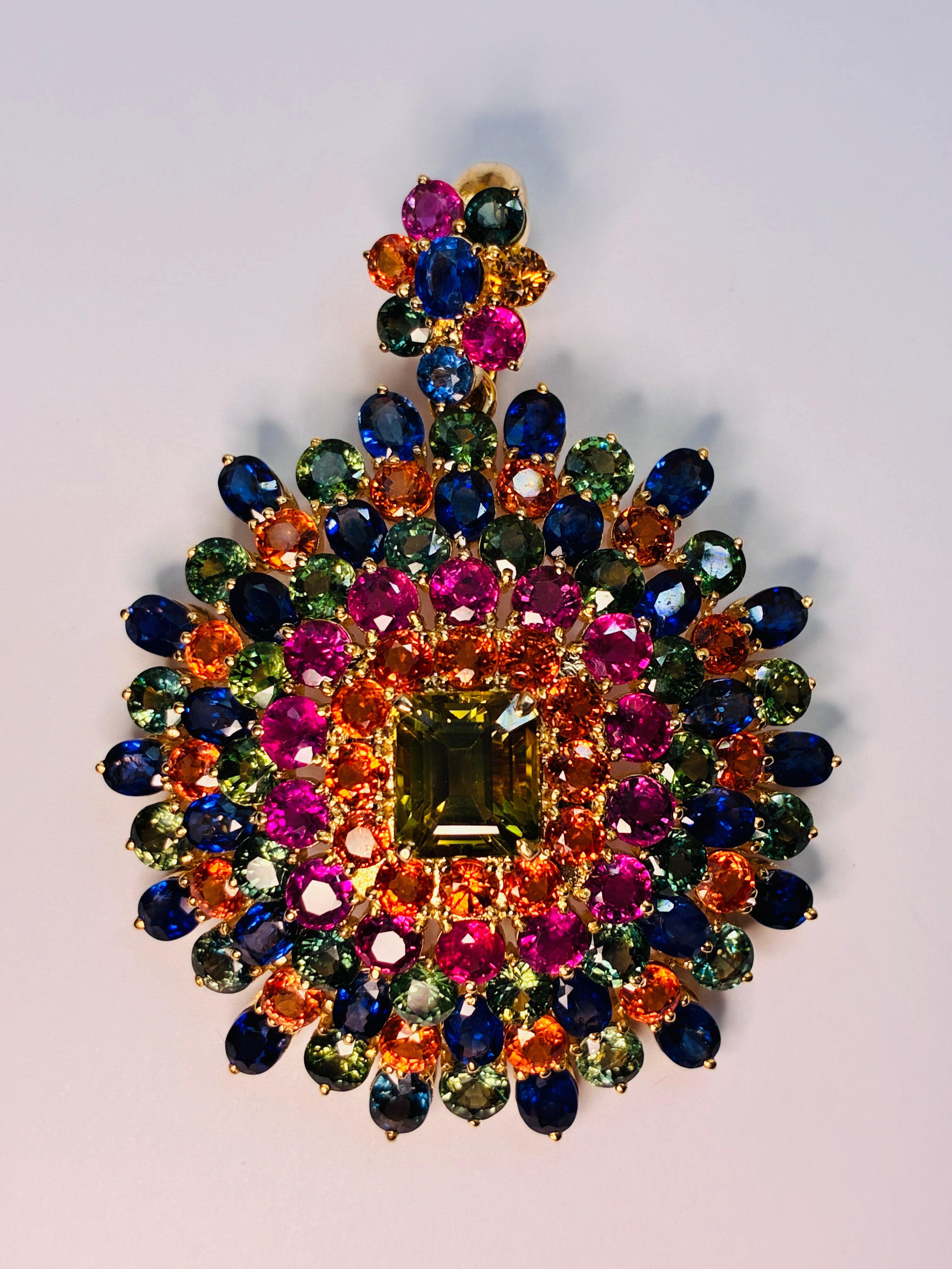 Ruby, Blue Sapphire, Green And Yellow Sapphire Pendant 12K Gold ( Center Stone 3.55 ct ) Size (2"x 1.5")