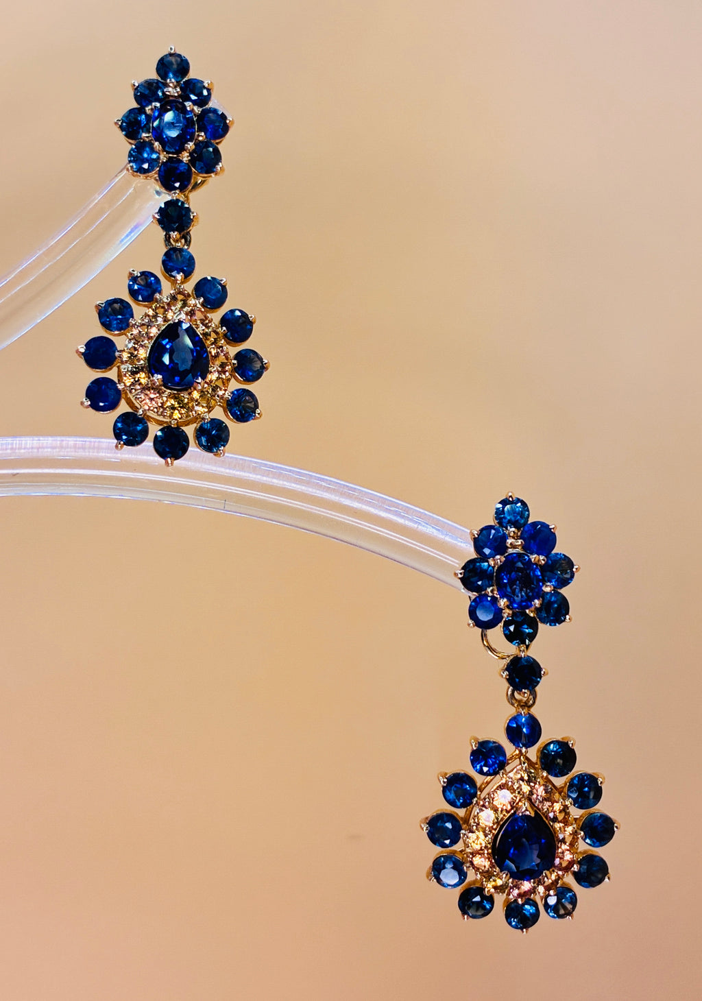Royal Blue Sapphire Mix With Yellow Sapphire 17K Gold Drop Earring (Center Stone 1.45 ct. 1.5"x .3/4" )