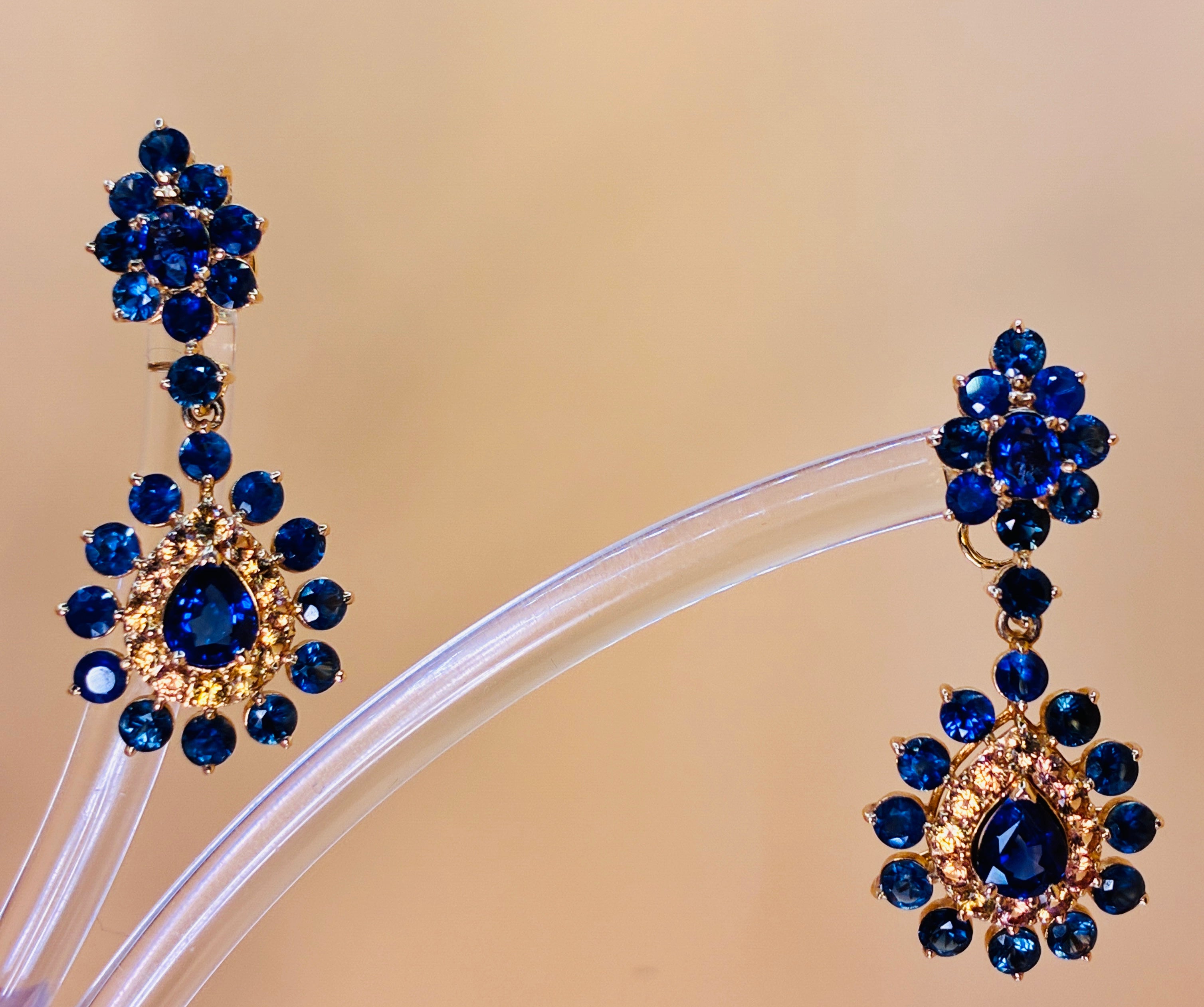 Royal Blue Sapphire Mix With Yellow Sapphire 17K Gold Drop Earring (Center Stone 1.45 ct. 1.5"x .3/4" )