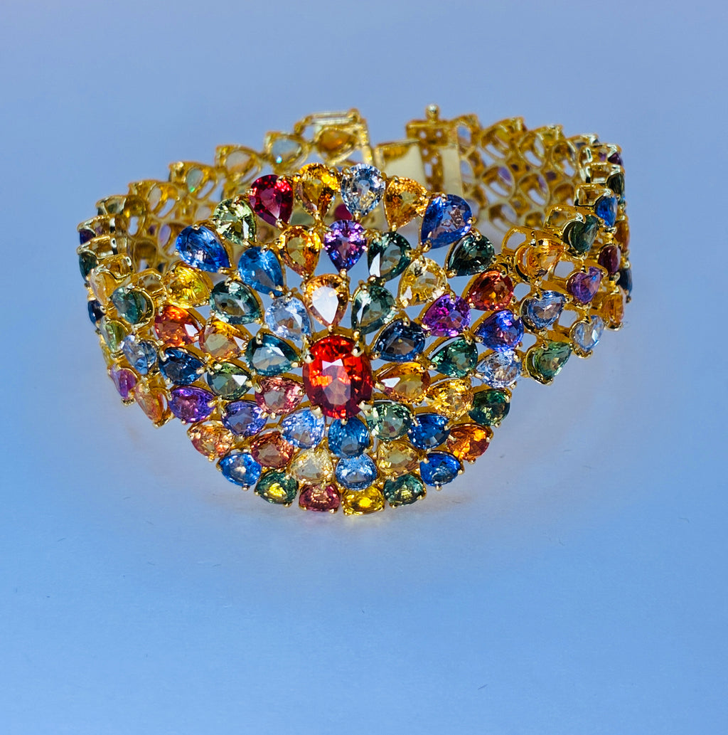 Multi Color Heated Sapphire 17K Gold Bracelet ( Size 6 1/4")Center Stone Ruby ( 2.04ct )