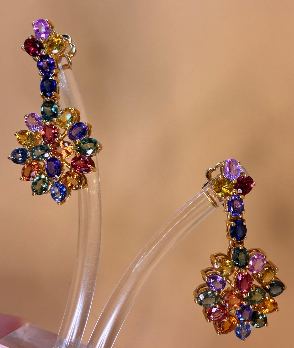 Multi Color Sapphire 17K Gold Earring ( Size 1 .5"x .3/4")