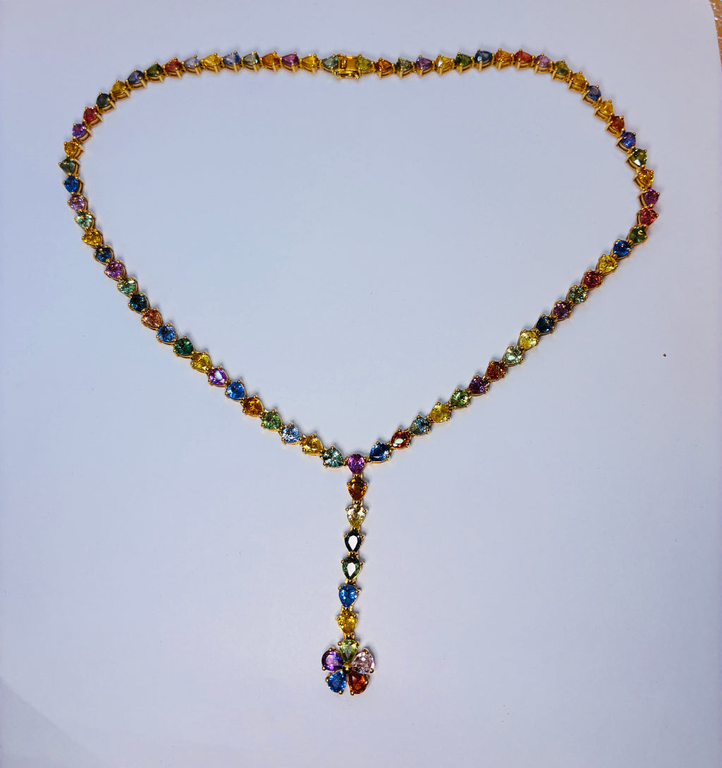 Multi Color Heated Sapphire Necklace 17K Gold (Link 16 1/4" And Pendant 2")