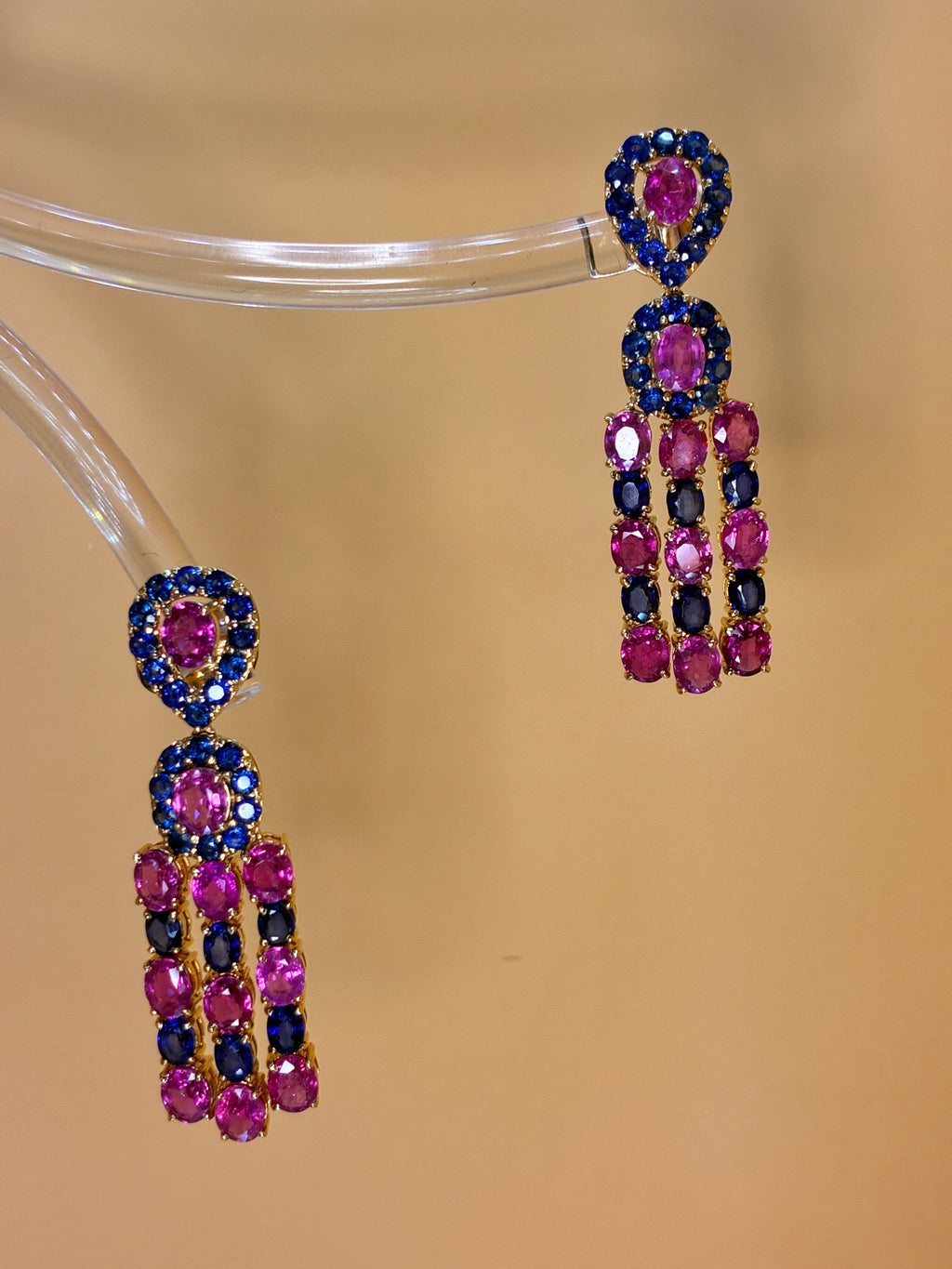 Ruby And Blue Sapphire Chandelier Earrings 17K Gold