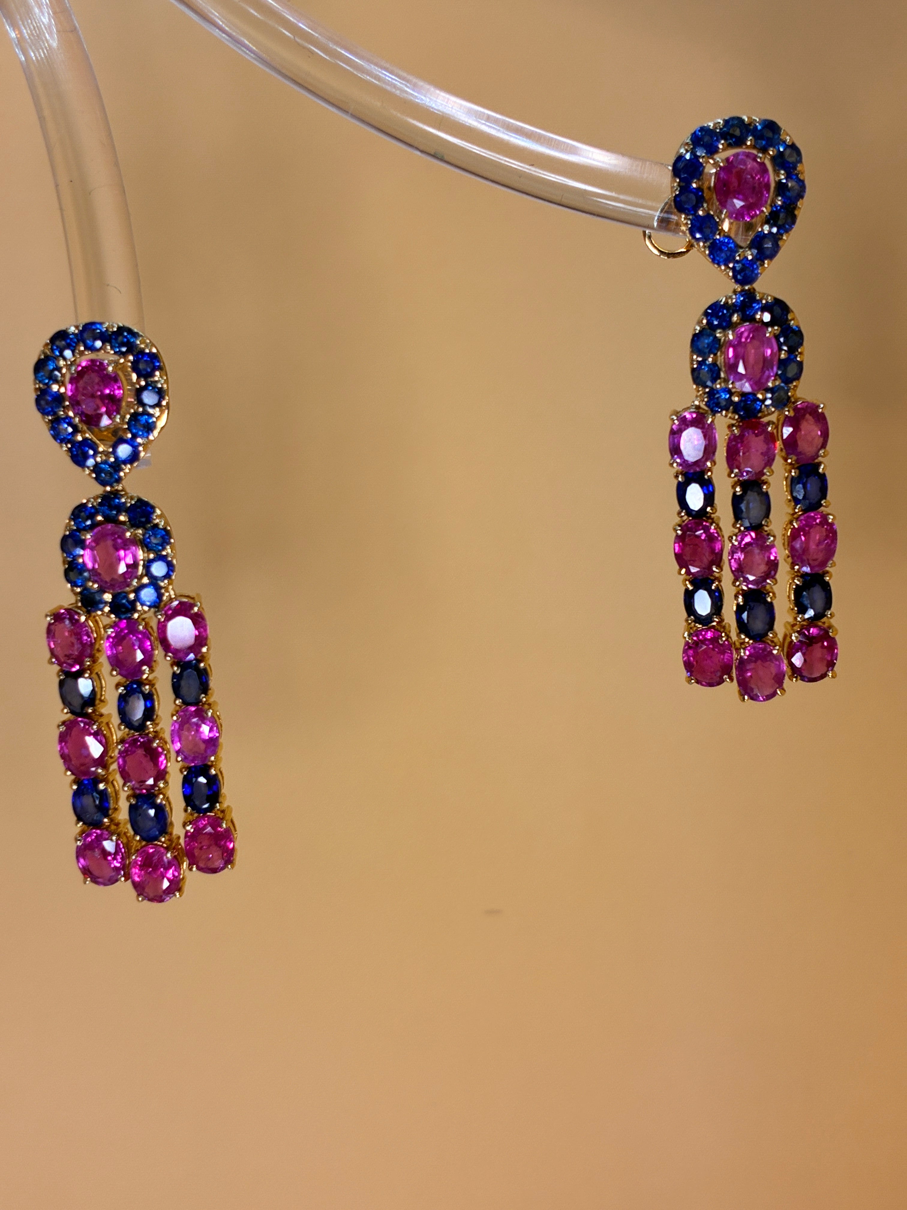 Ruby And Blue Sapphire Chandelier Earrings 17K Gold