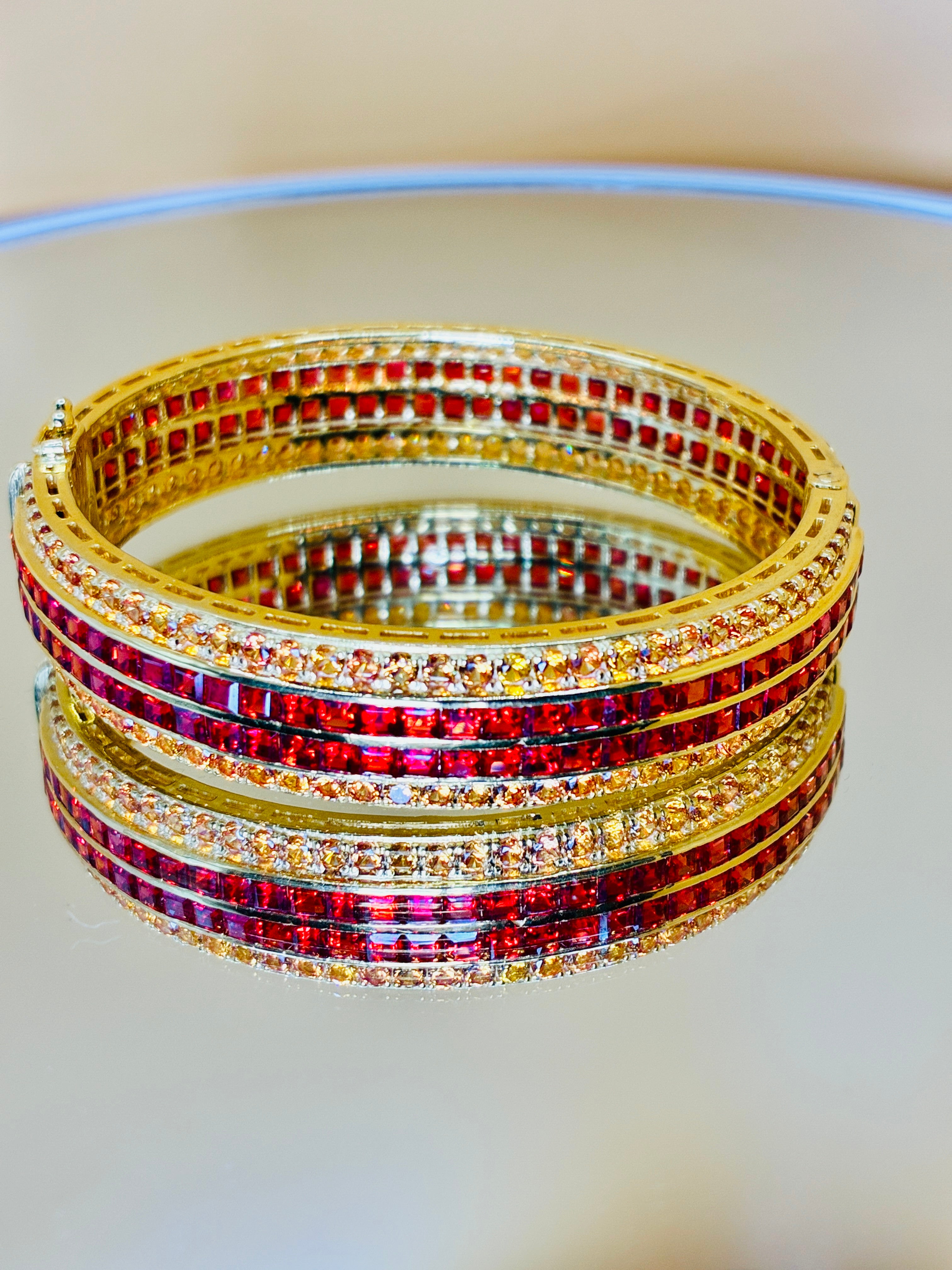 Ruby With Yellow Sapphire 12K Gold Bangle Bracelet Size 16cm/ 6.5 inches.