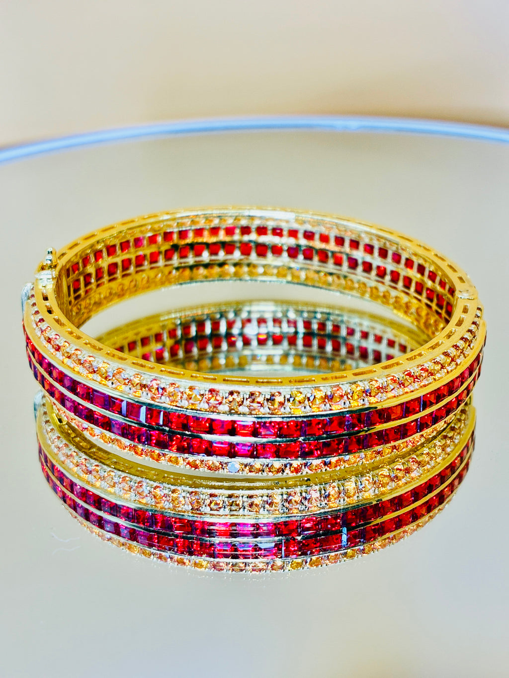 Ruby With Yellow Sapphire 12K Gold Bangle Bracelet Size 16cm/ 6.5 inches.