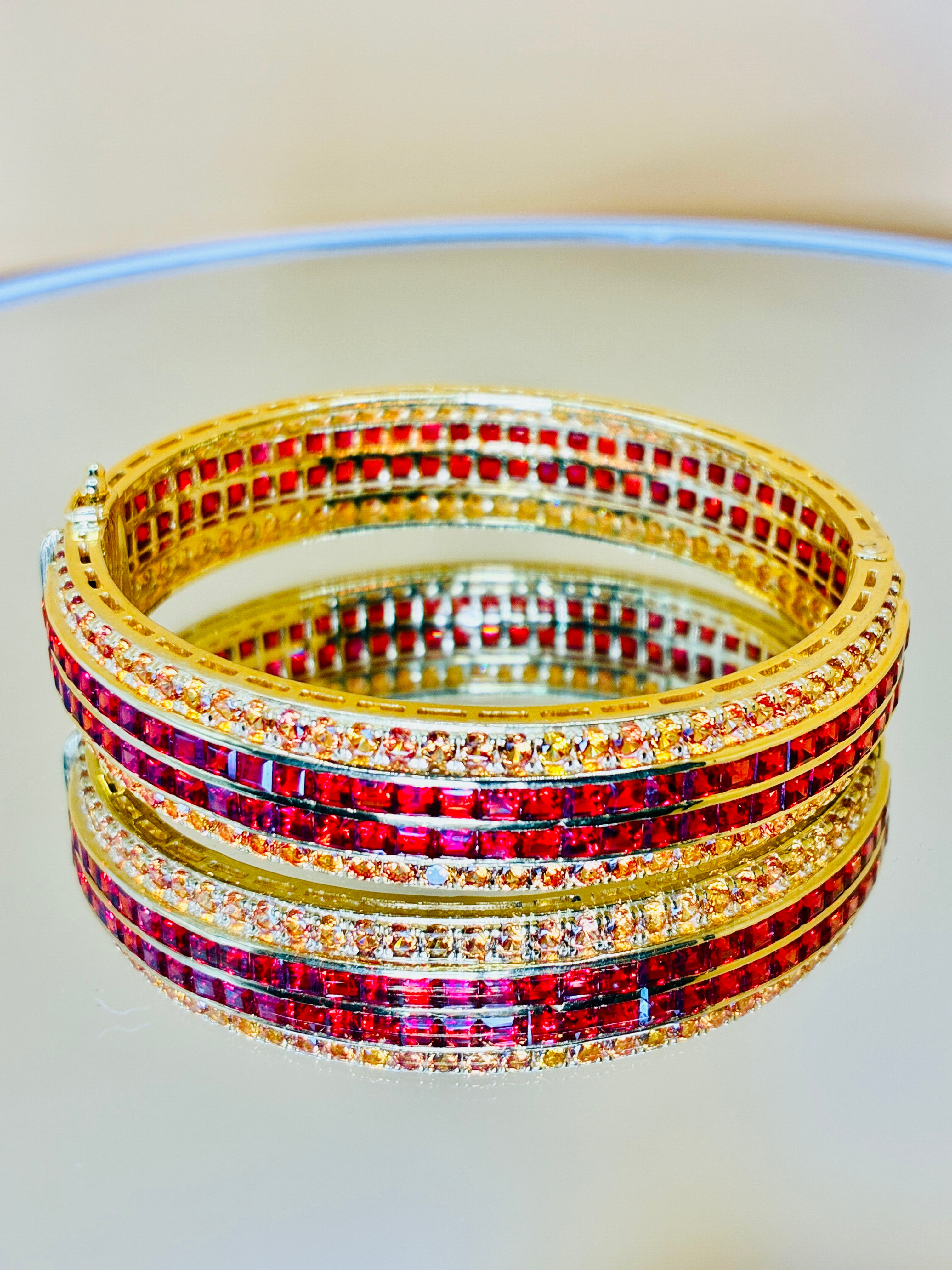 Ruby With Yellow Sapphire 12K Gold Bangle Bracelet Size 16cm/ 6.5 inches.