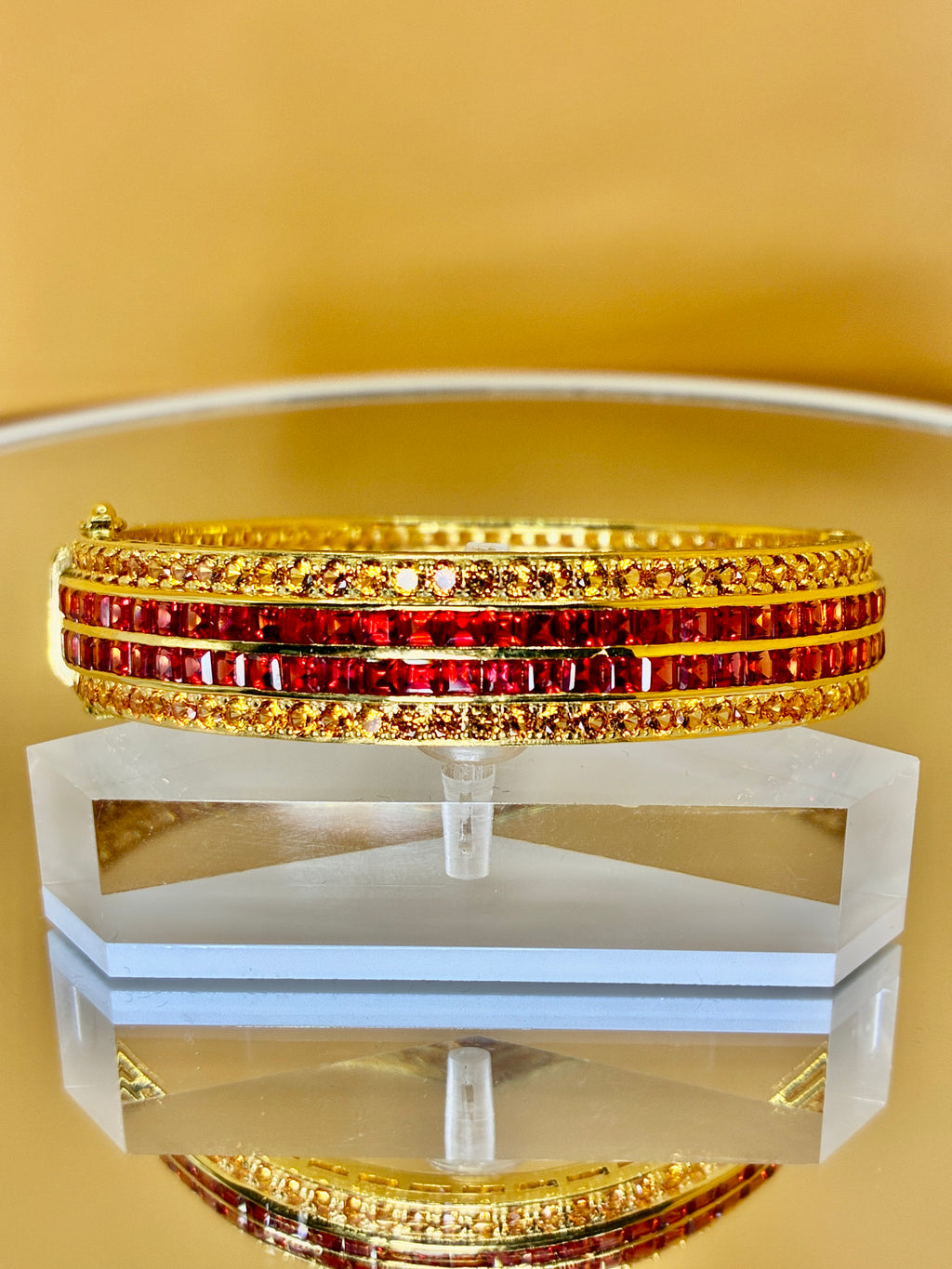 Ruby With Yellow Sapphire 12K Gold Bangle Bracelet Size 16cm/ 6.5 inches.