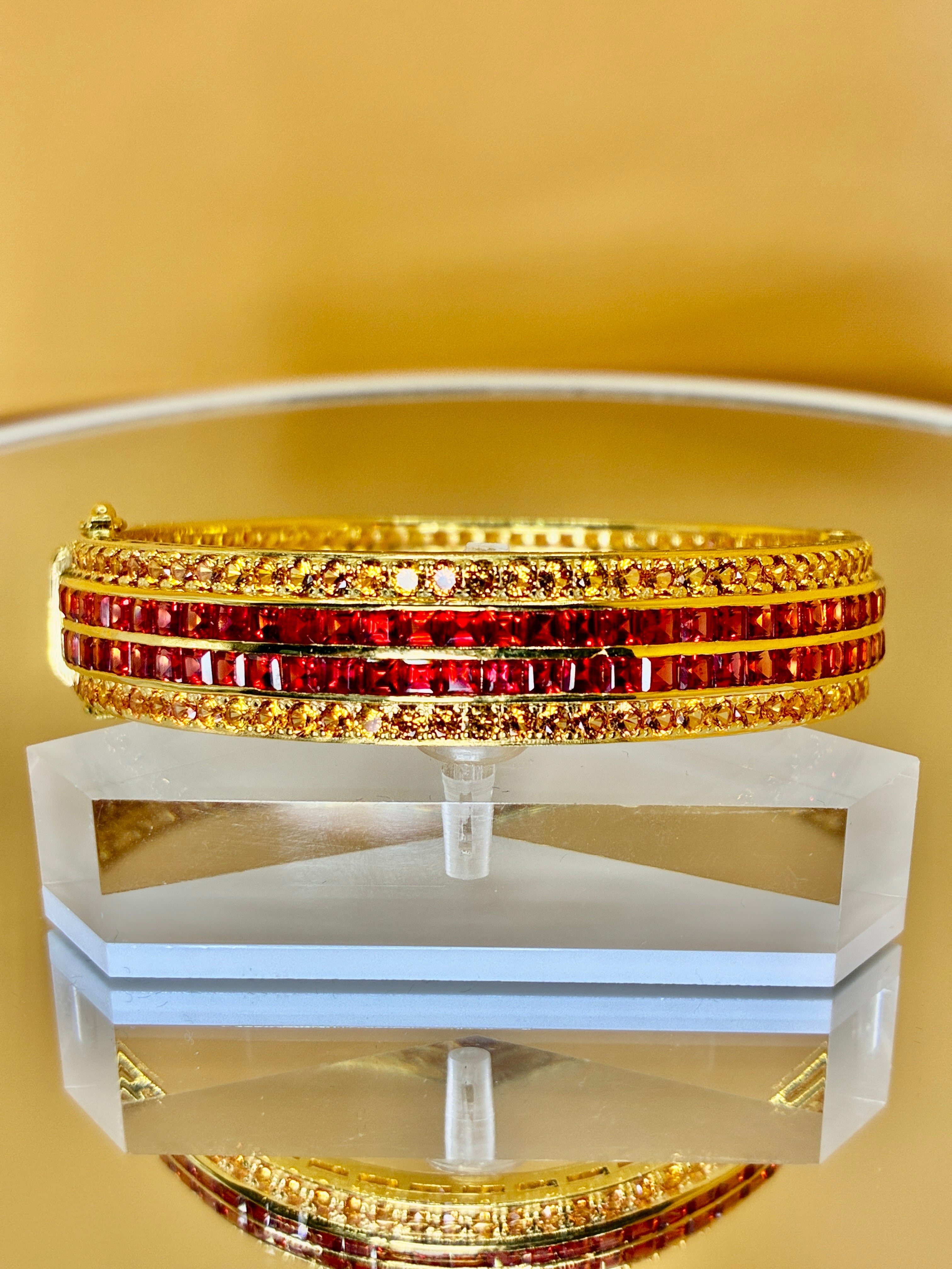 Ruby With Yellow Sapphire 12K Gold Bangle Bracelet Size 16cm/ 6.5 inches.