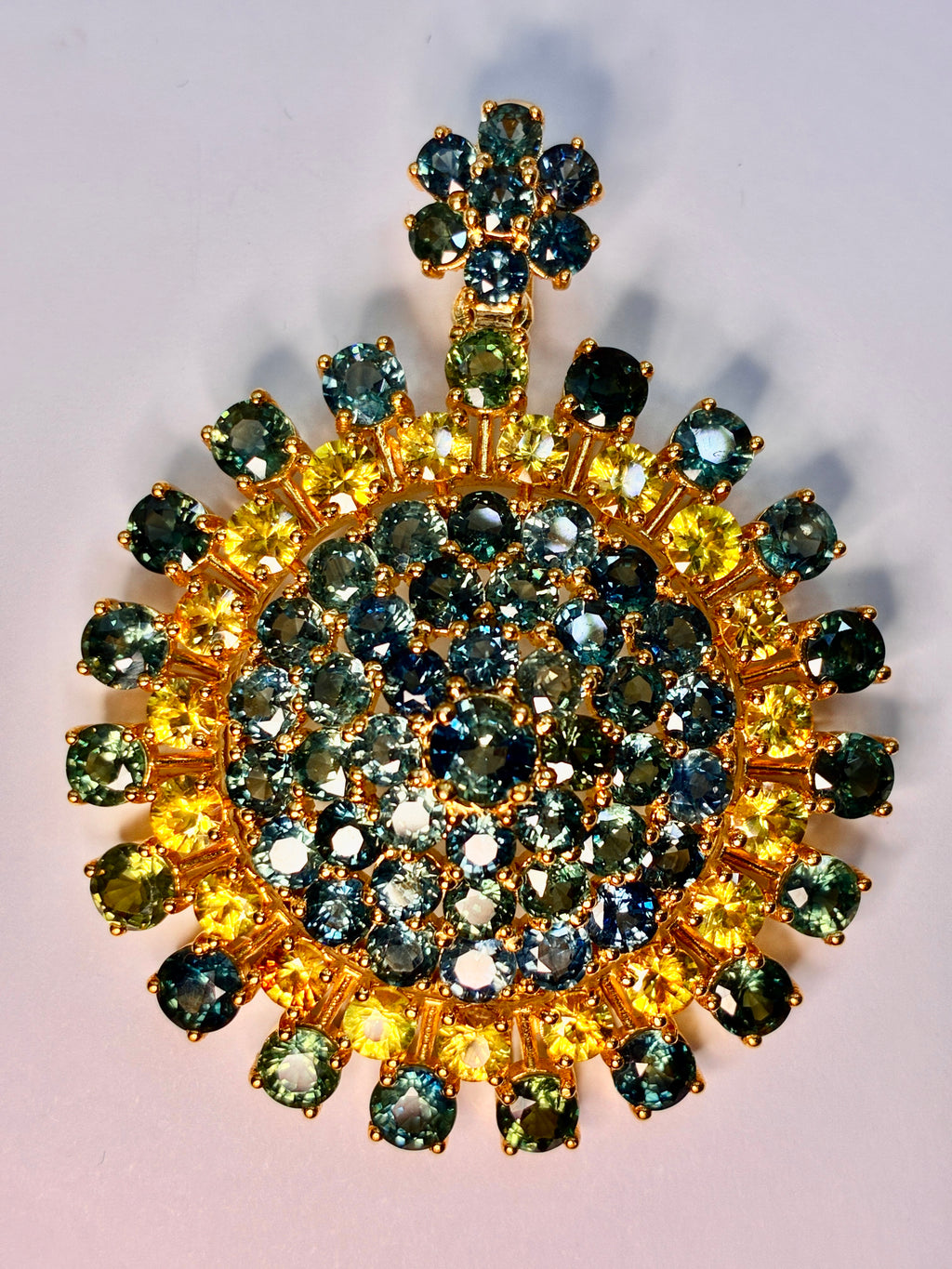 Green Sapphire With Yellow Sapphire 12K Gold. Pendant Size 1.3/4"