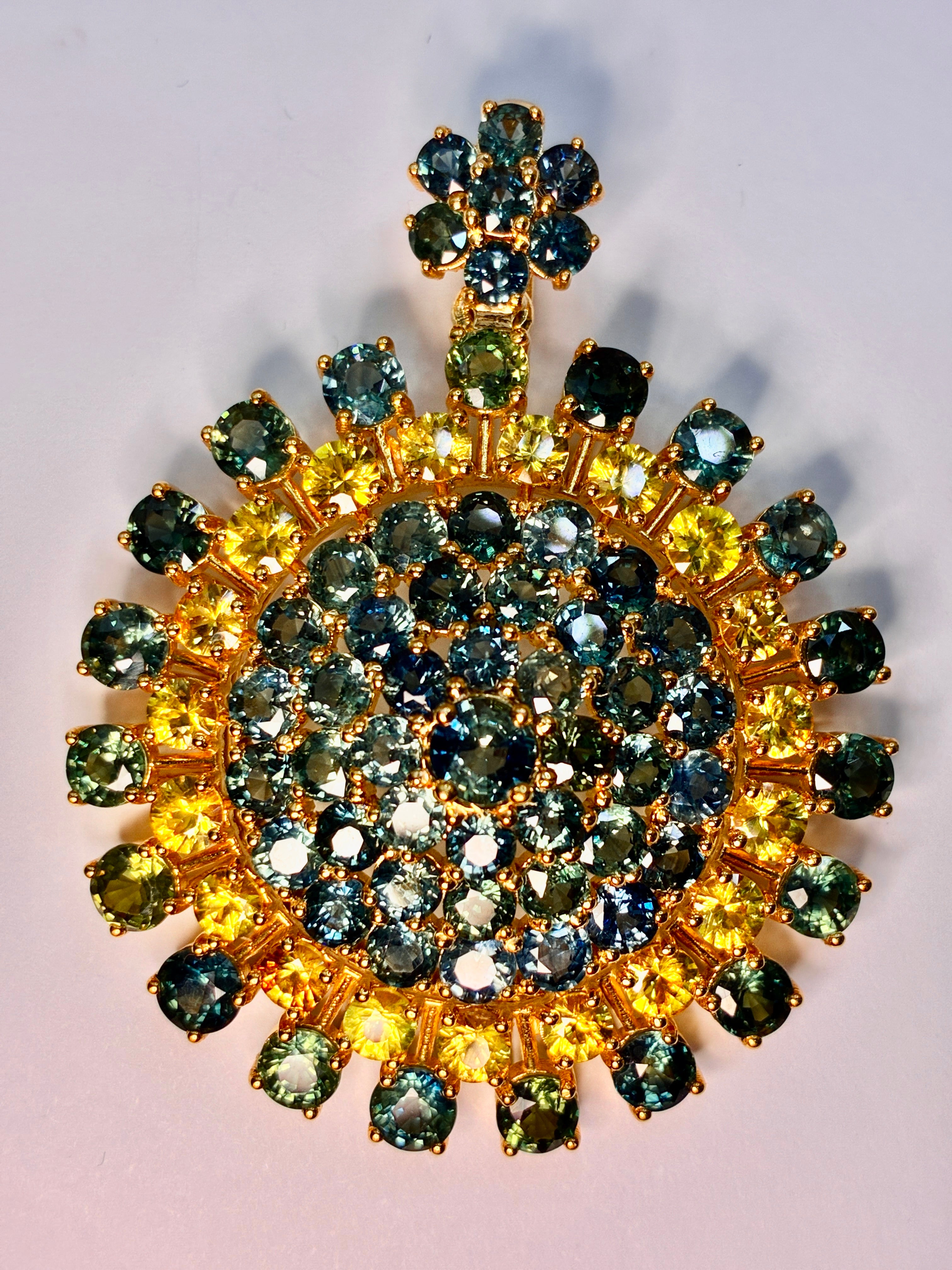 Green Sapphire With Yellow Sapphire 12K Gold. Pendant Size 1.3/4"