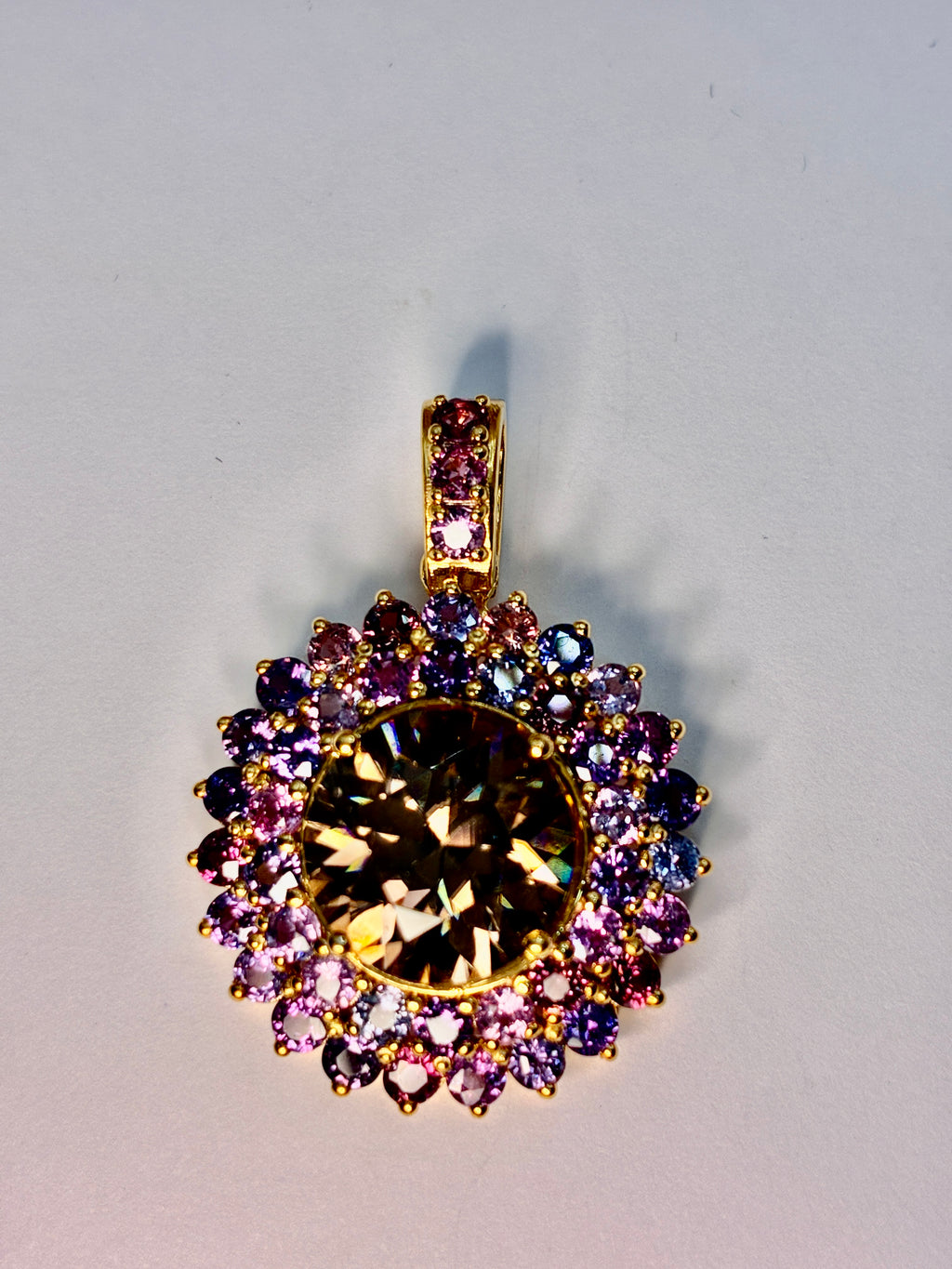 Cambodia Zircon Unheated Treated With Multi Color Sapphire 12K Gold Pendant.Center Stone 9 CT.