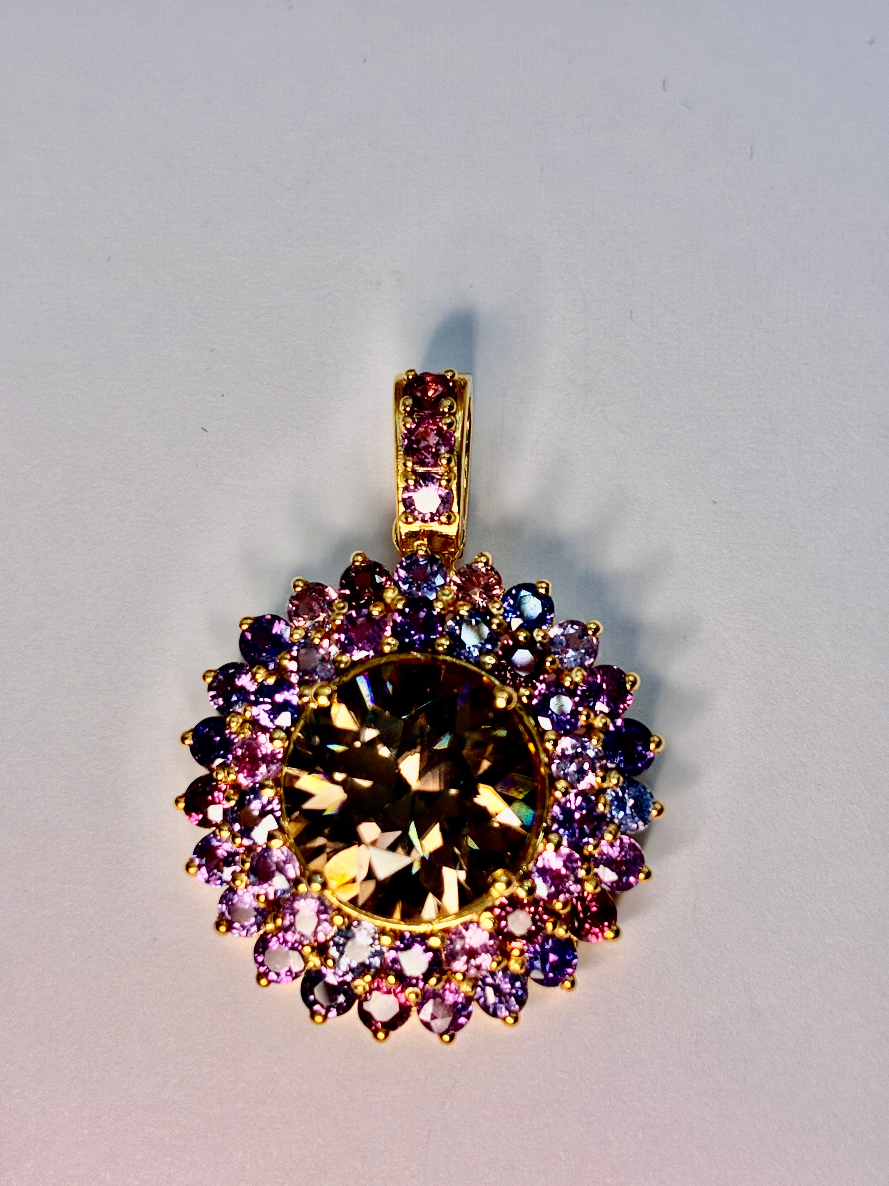 Cambodia Zircon Unheated Treated With Multi Color Sapphire 12K Gold Pendant.Center Stone 9 CT.