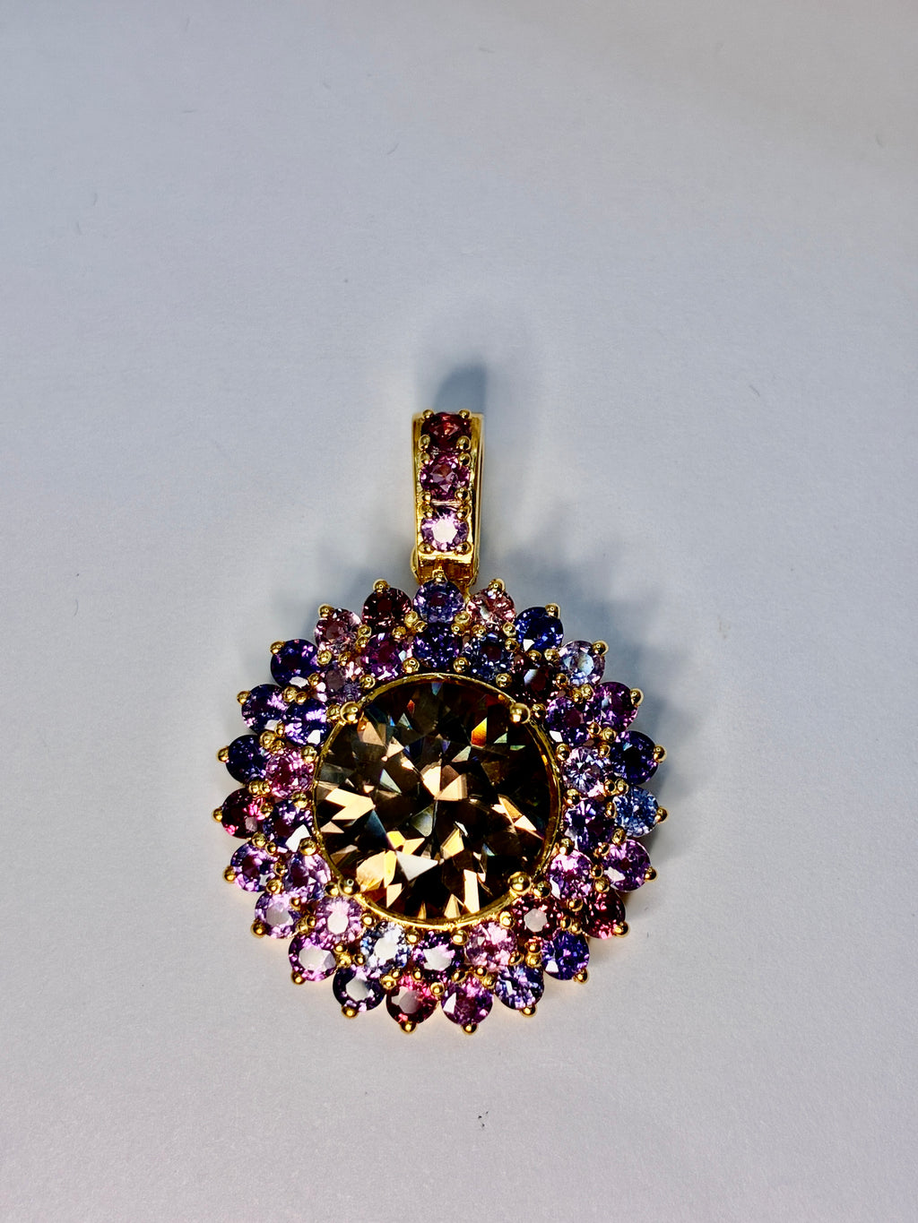Cambodia Zircon Unheated Treated With Multi Color Sapphire 12K Gold Pendant.Center Stone 9 CT.