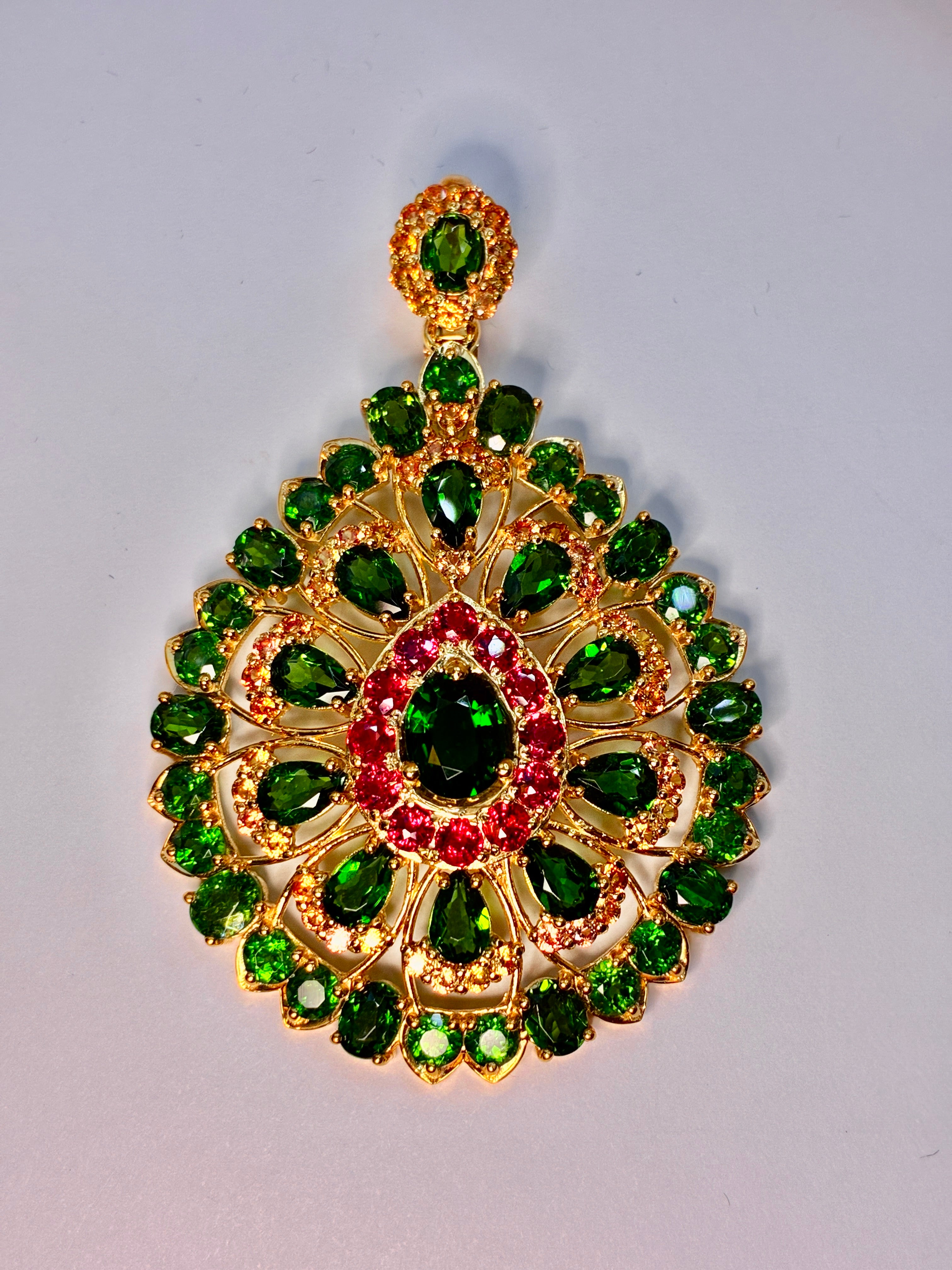Green Garnet, Yellow Sapphire And Ruby With 12K Gold Pendant.