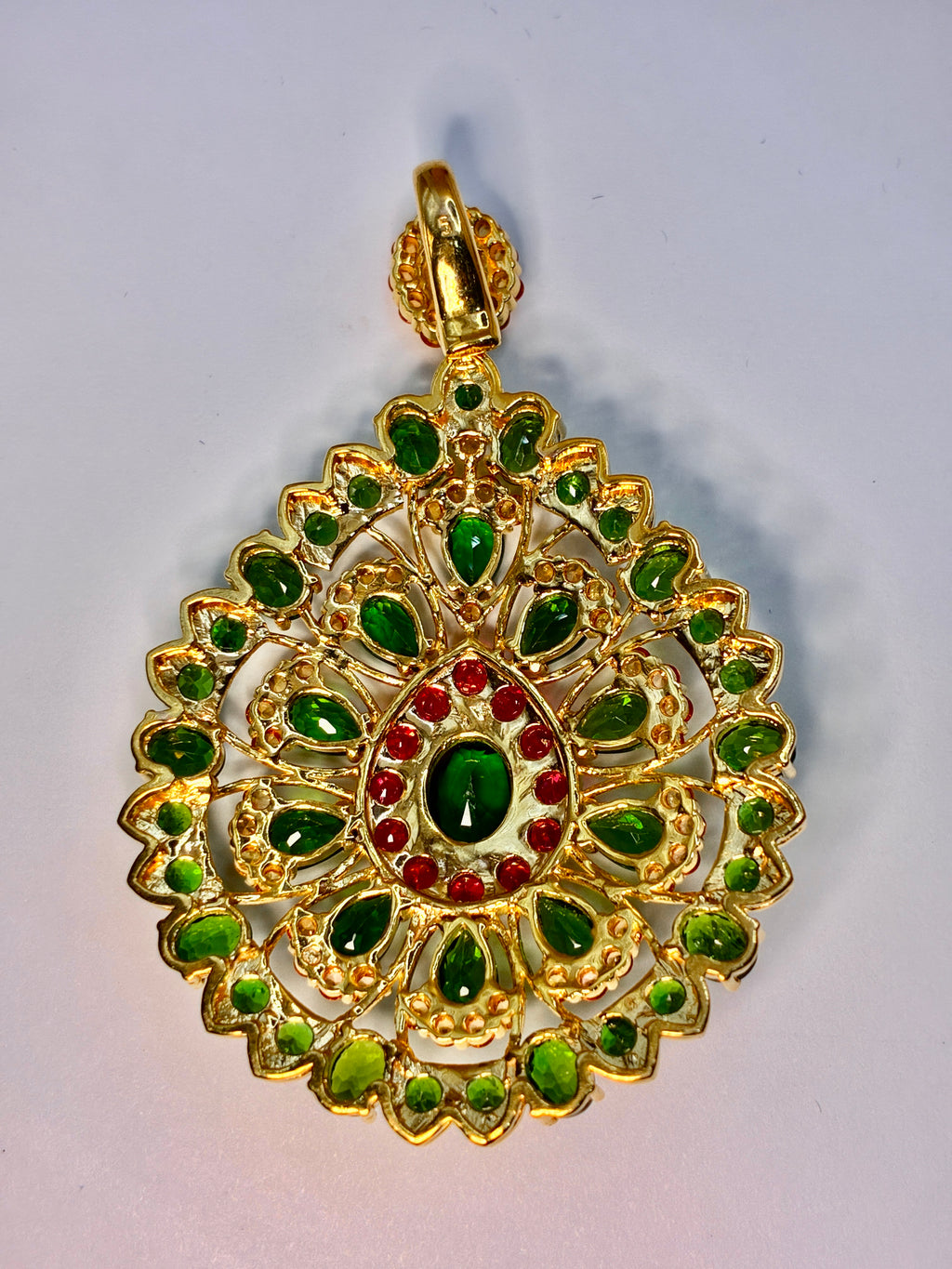 Green Garnet, Yellow Sapphire And Ruby With 12K Gold Pendant.