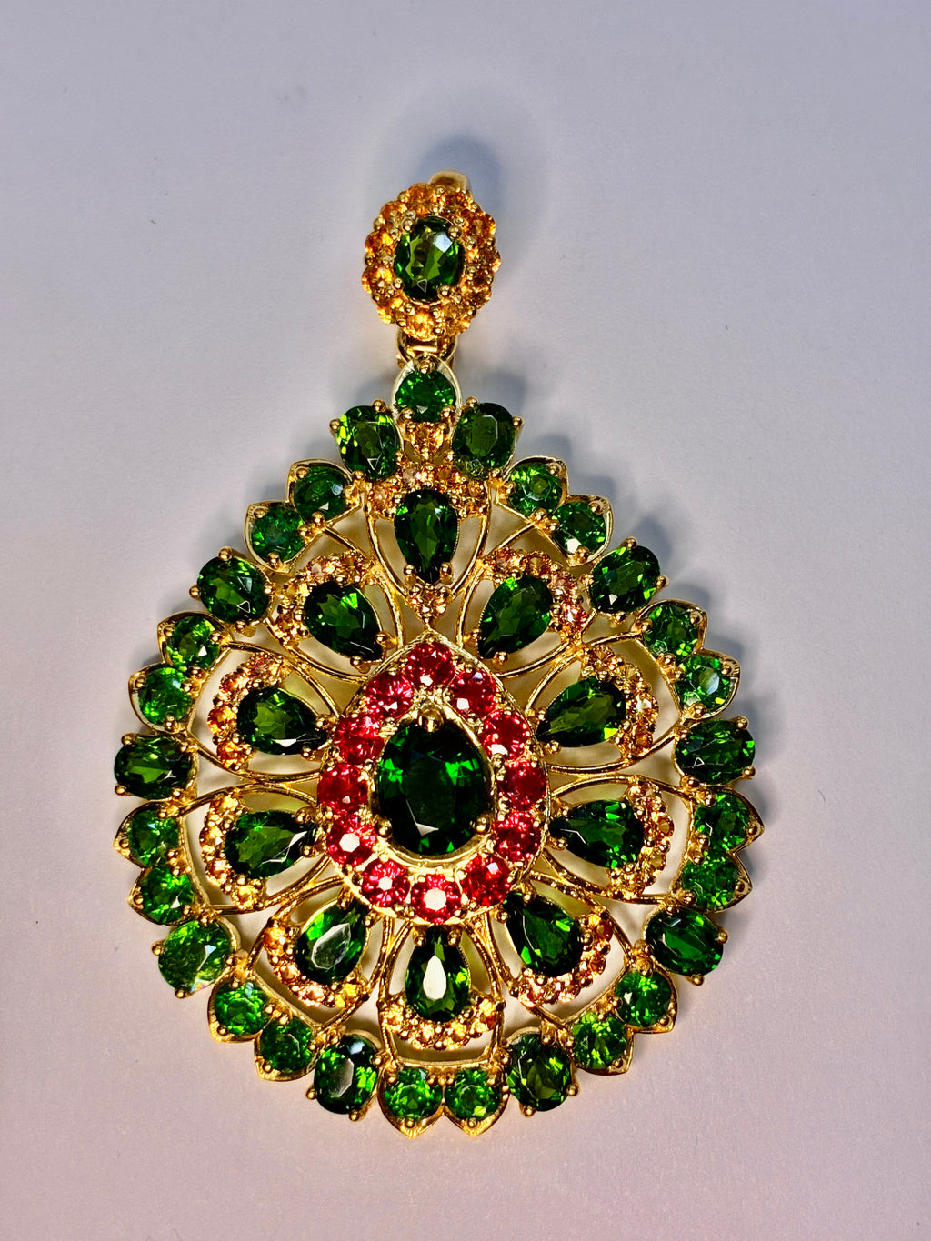 Green Garnet, Yellow Sapphire And Ruby With 12K Gold Pendant.