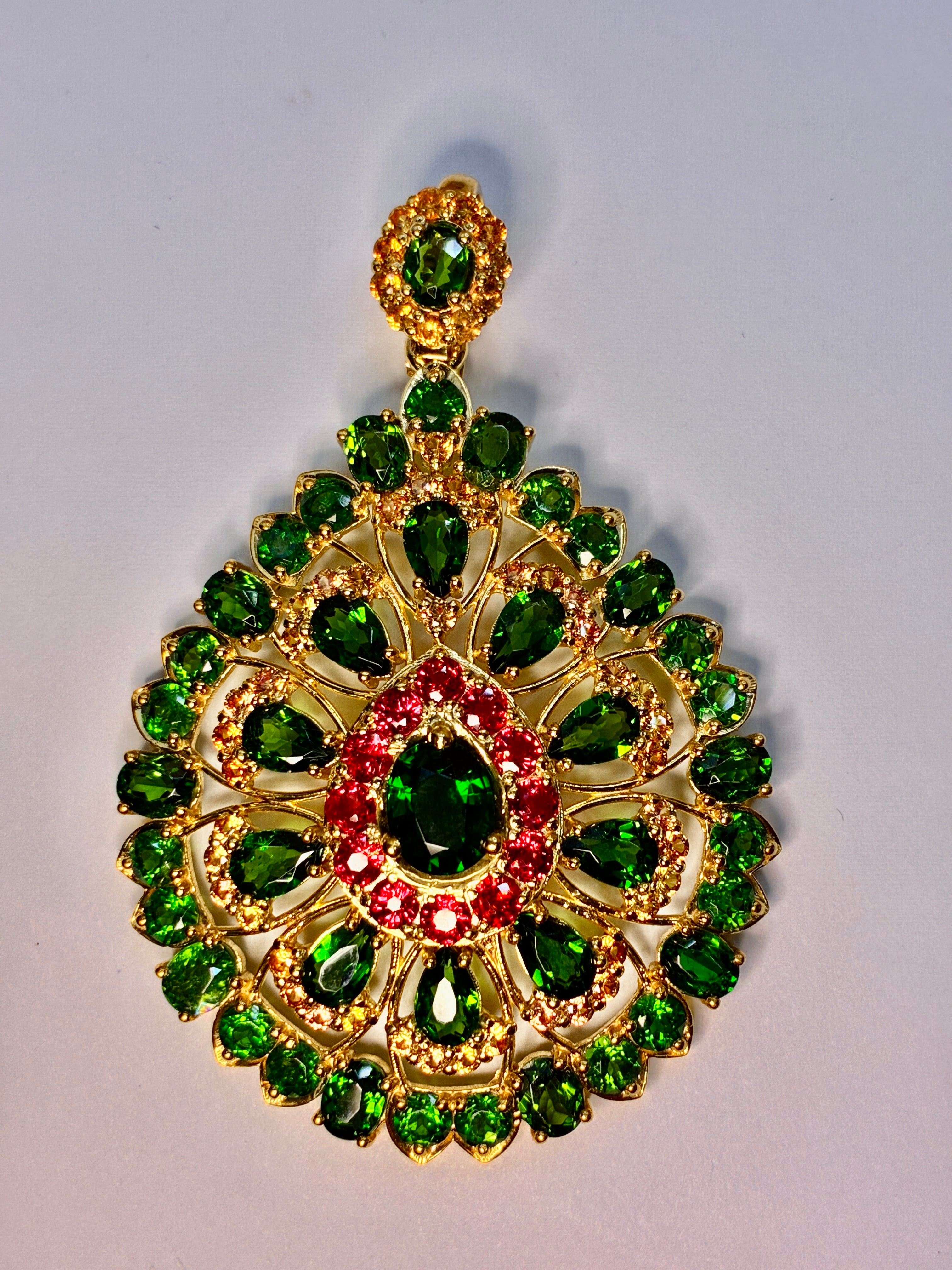 Green Garnet, Yellow Sapphire And Ruby With 12K Gold Pendant.