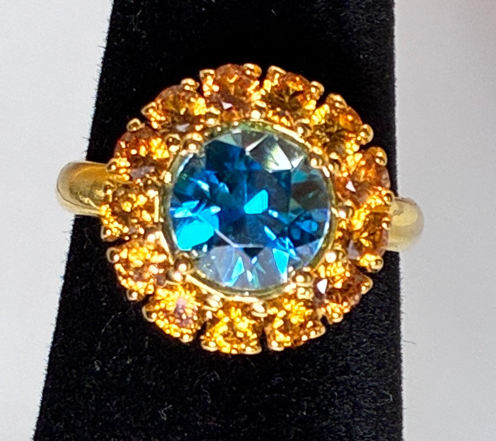 Cambodia Blue Zircon Heated Treated 7.4 mm 3.55 CT / Yellow Sapphire 12K Gold Ring.