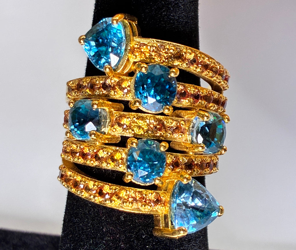 Cambodia Blue Zircon And Yellow Sapphire 12K Gold Ring.Size 5.5