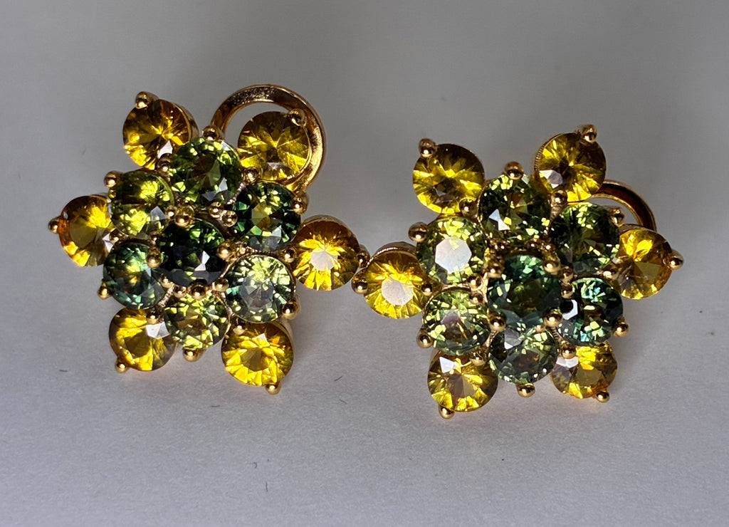Green Sapphire And Yellow Sapphire 12K Gold Stud Earring.