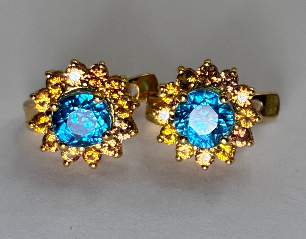 Cambodia Blue Zircon Heated With Yellow Sapphire 12K Gold Stud Earring