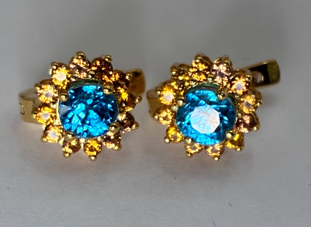 Cambodia Blue Zircon Heated With Yellow Sapphire 12K Gold Stud Earring